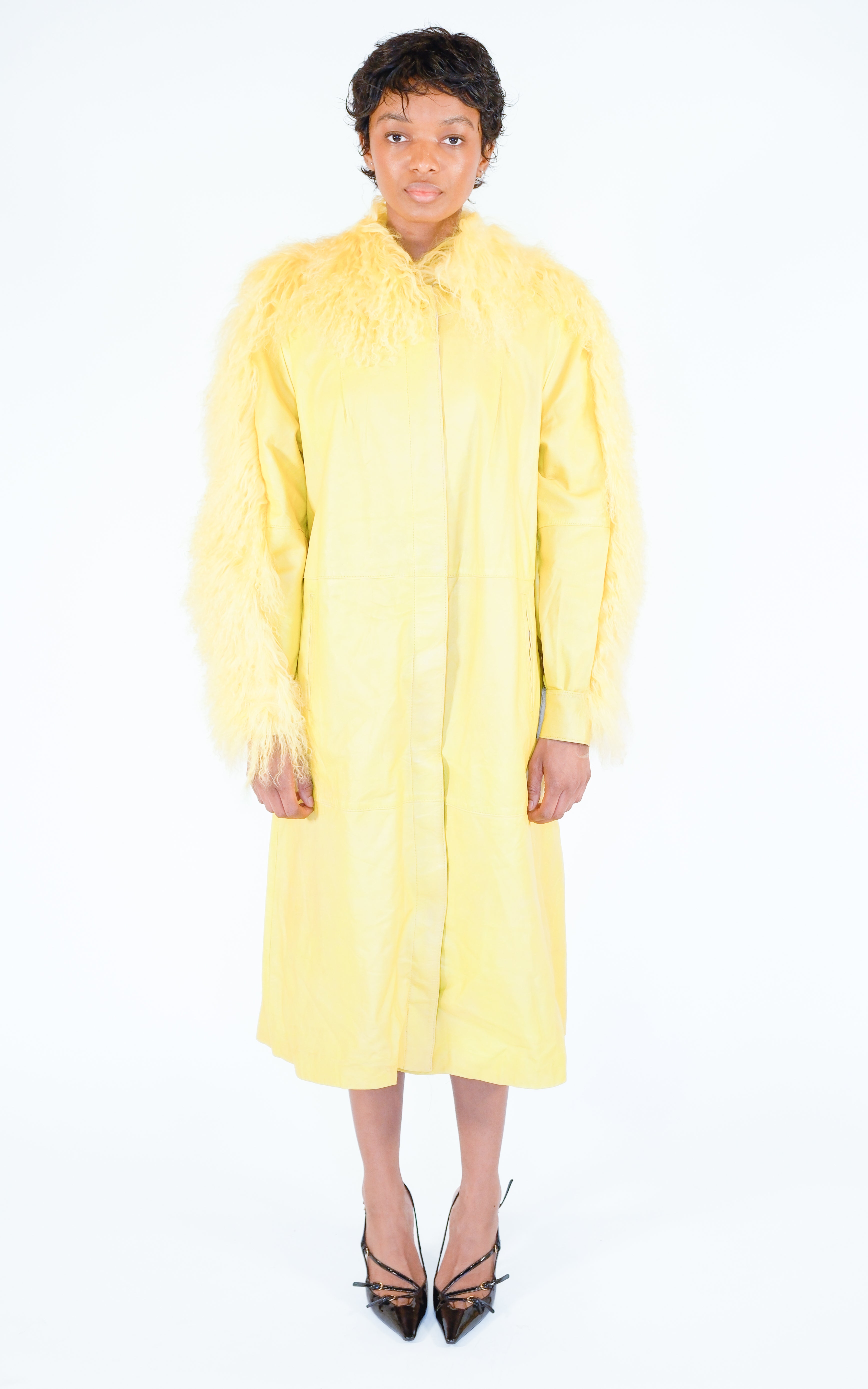 RESELLUM Yellow Leather Mongolian Sheep Fur Trim 70s Style Midi Coat