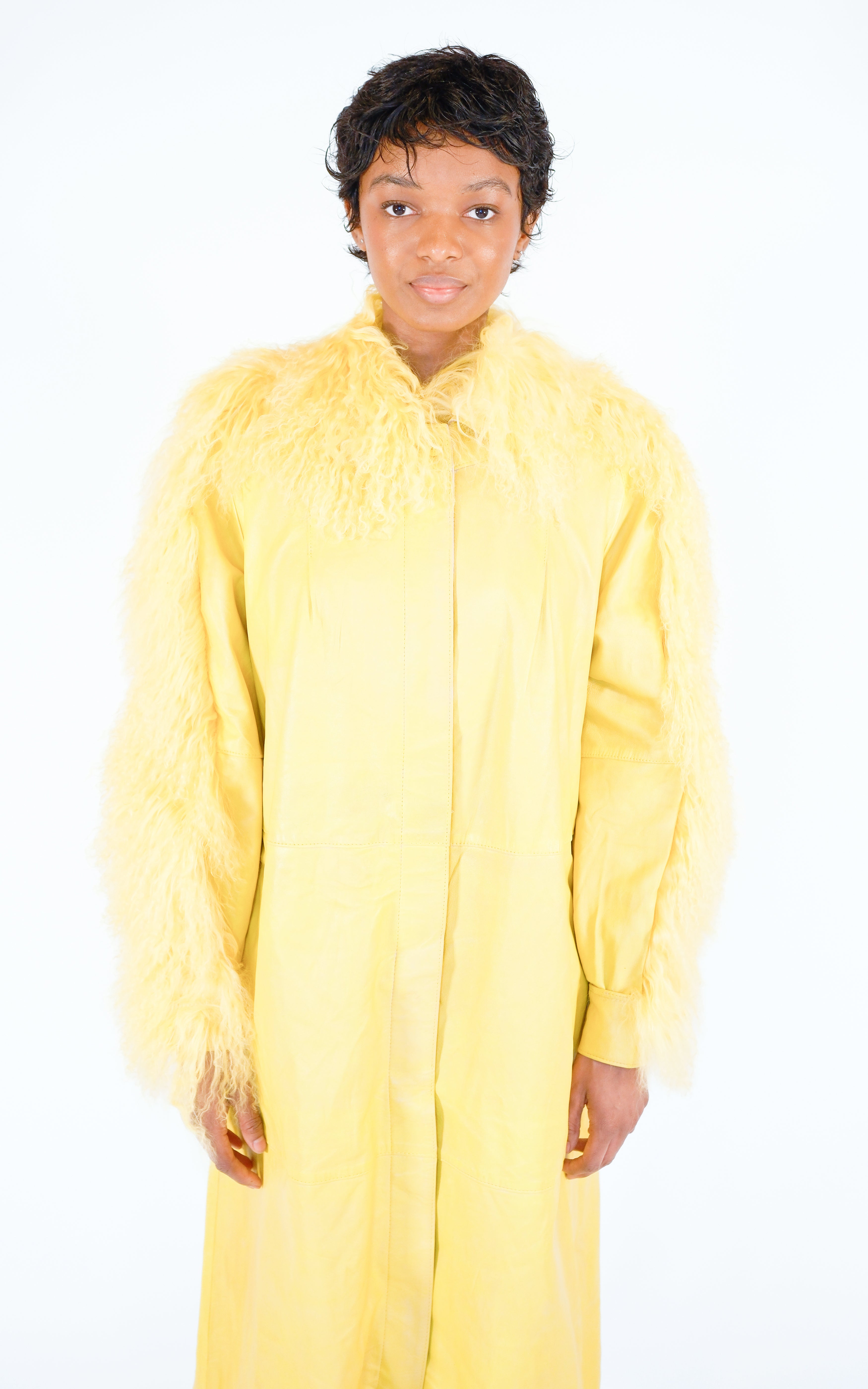 RESELLUM Yellow Leather Mongolian Sheep Fur Trim 70s Style Midi Coat