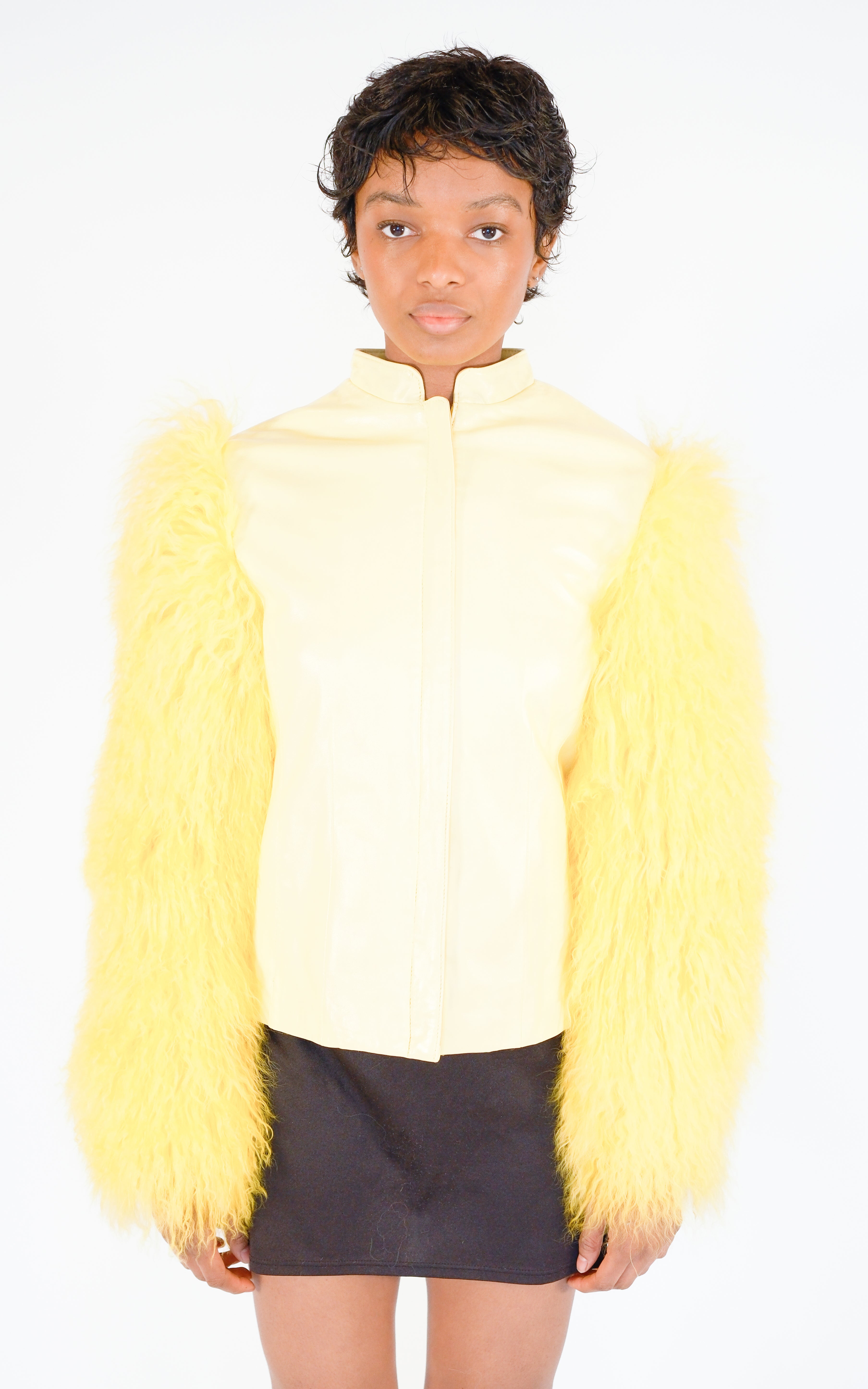 RESELLUM Yellow Mongolian Fur Sleeve Leather Stand Collar Zip Jacket