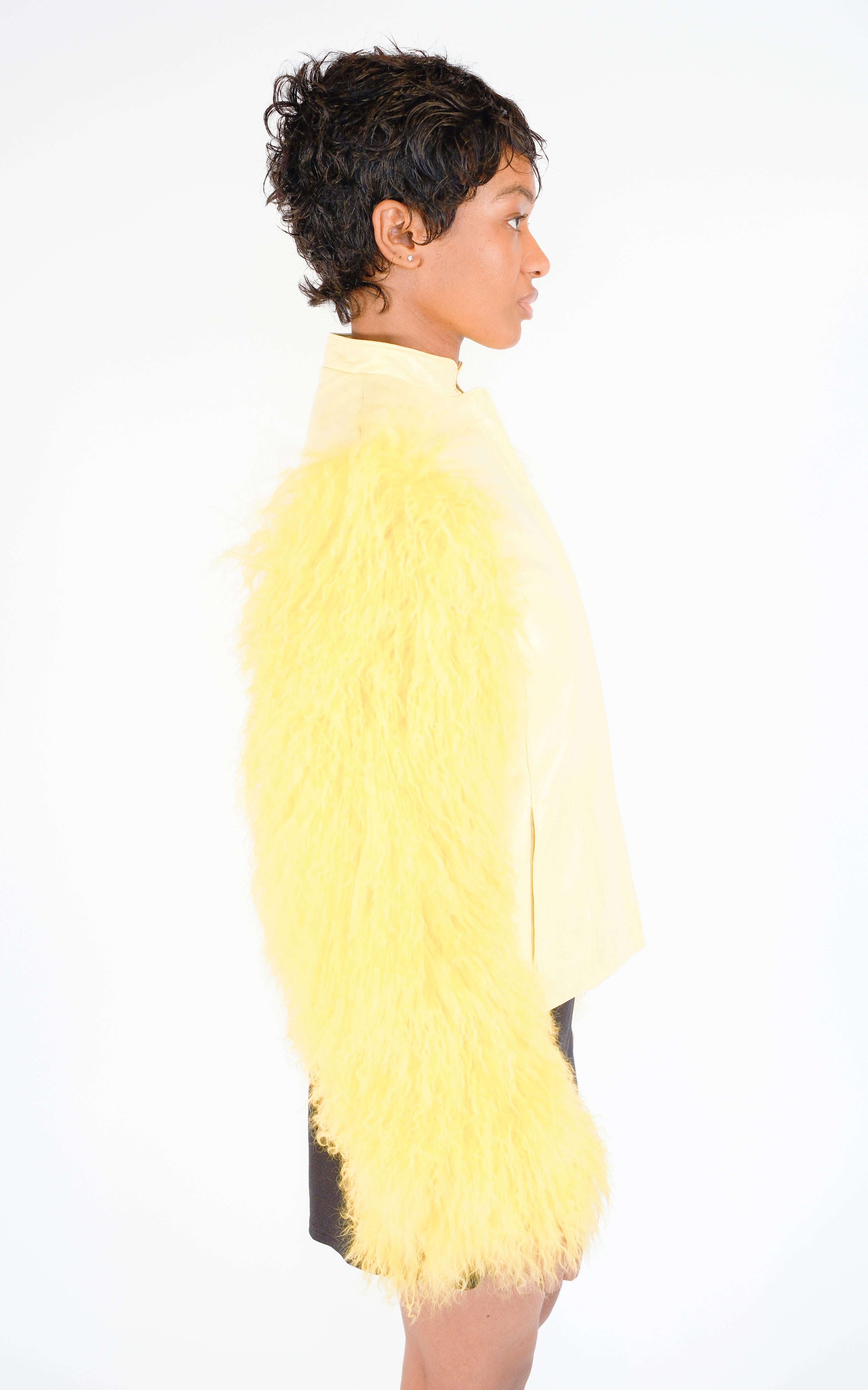 RESELLUM Yellow Mongolian Fur Sleeve Leather Stand Collar Zip Jacket