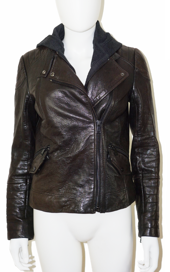VINCE Black Leather Biker Hooded Jacket