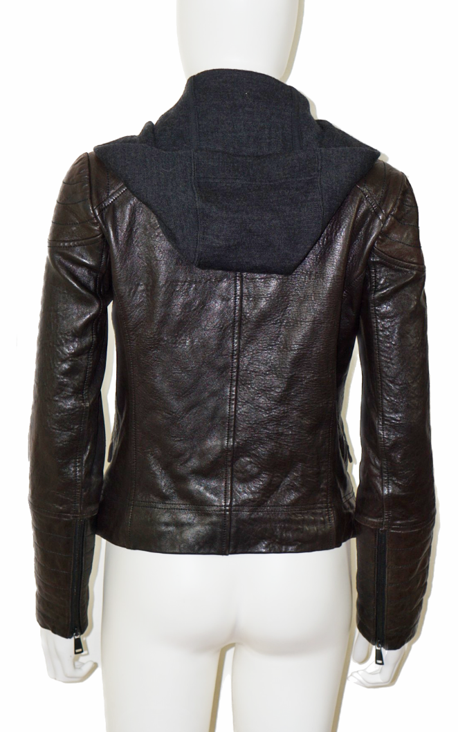 VINCE Black Leather Biker Hooded Jacket