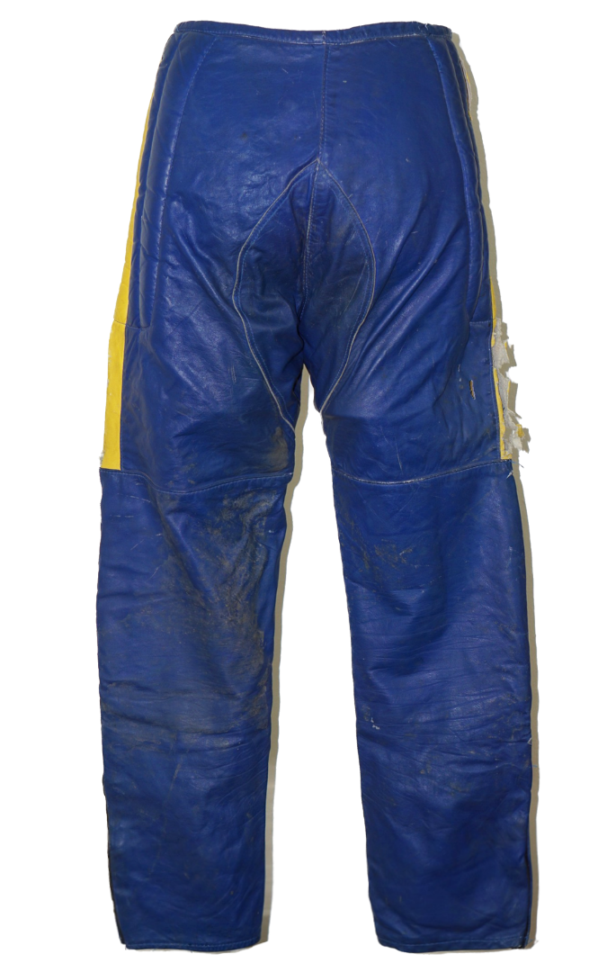 VINTAGE 70s Motorcycle Blue Yellow Leather Pants resellum