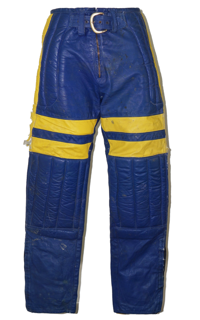VINTAGE 70s Motorcycle Blue Yellow Leather Pants resellum