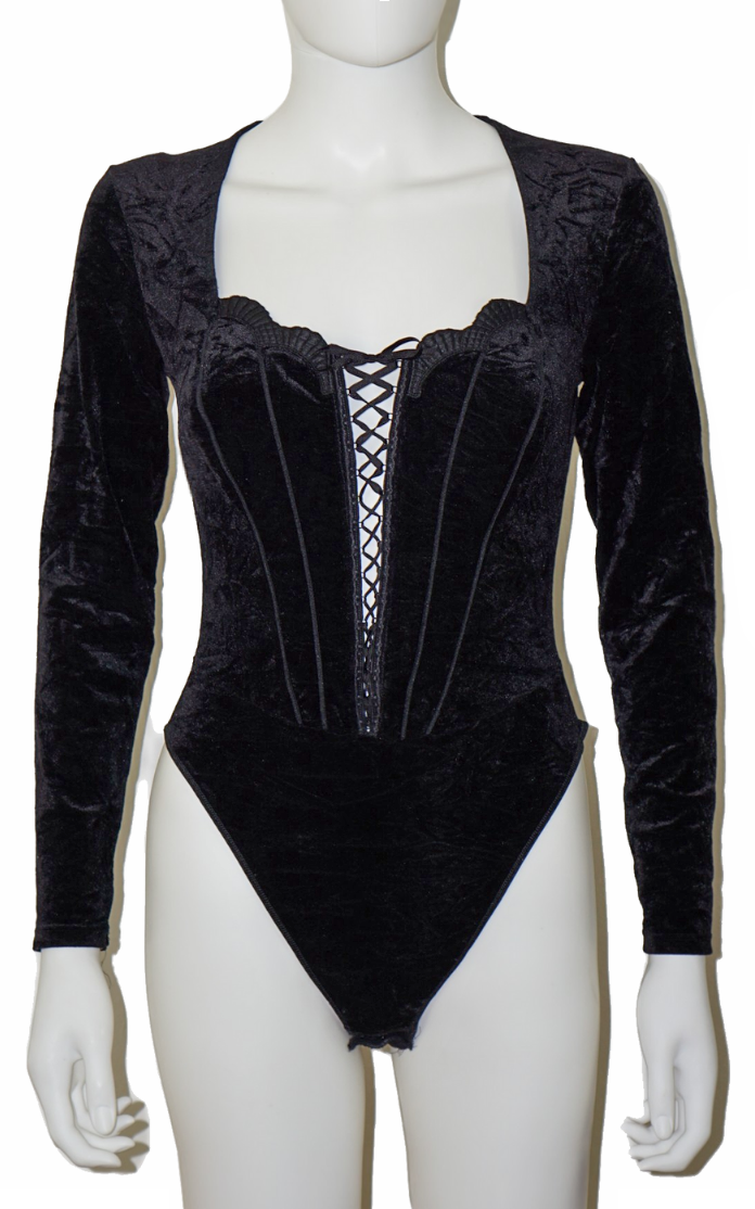 VINTAGE 90s Black Velvet Lace Up Bodysuit