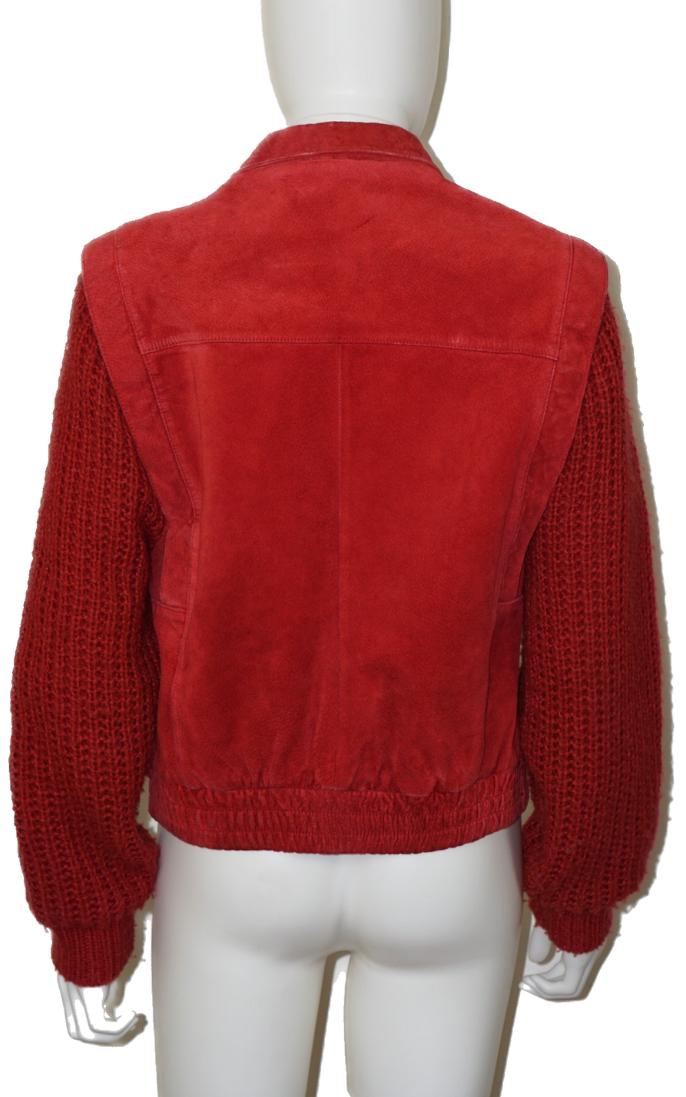 VINTAGE Red Leather Knit Sleeves Jacket