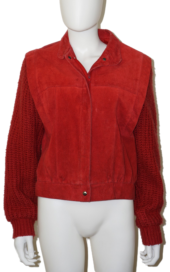 VINTAGE Red Leather Knit Sleeves Jacket
