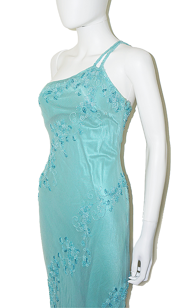 VINTAGE Scala 90s Blue Silk Beaded Maxi Dress