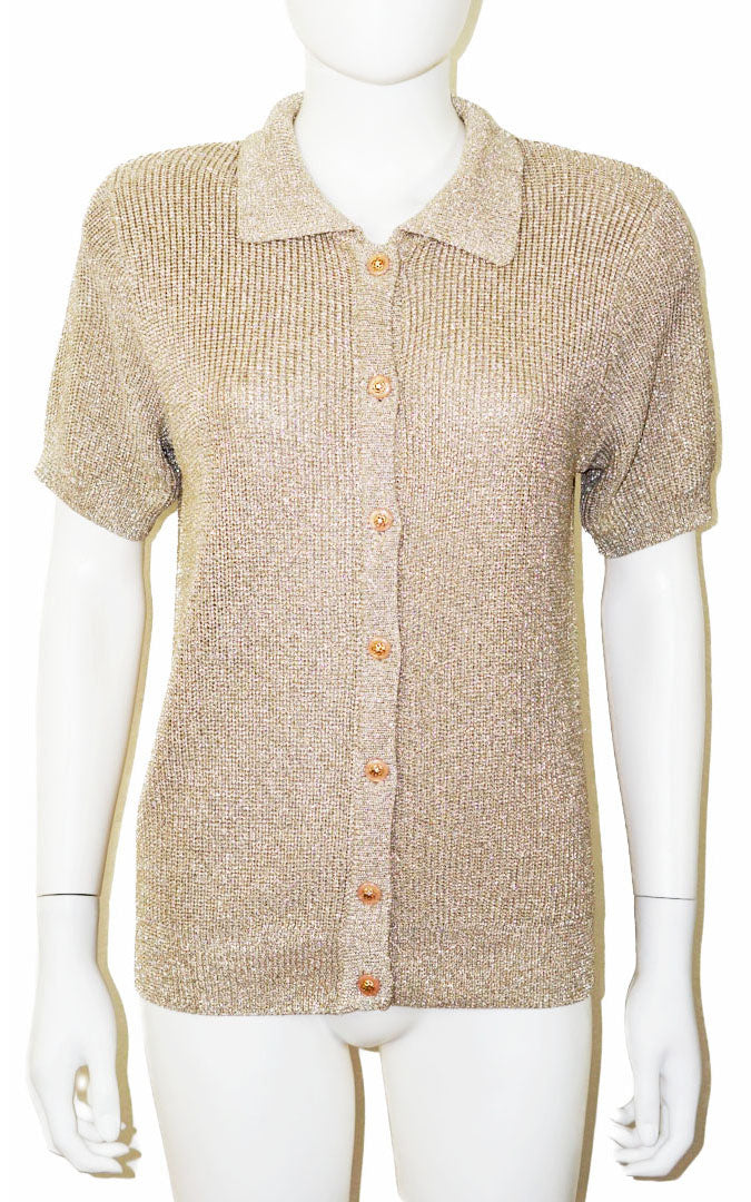 VINTAGE Marshall Rousso Gold Buttoned Knit Blouse resellum