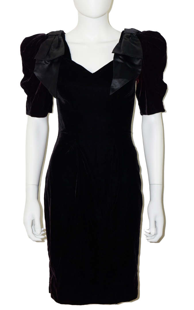 VINTAGE 80s Black Velvet Puff Sleeve Dress resellum