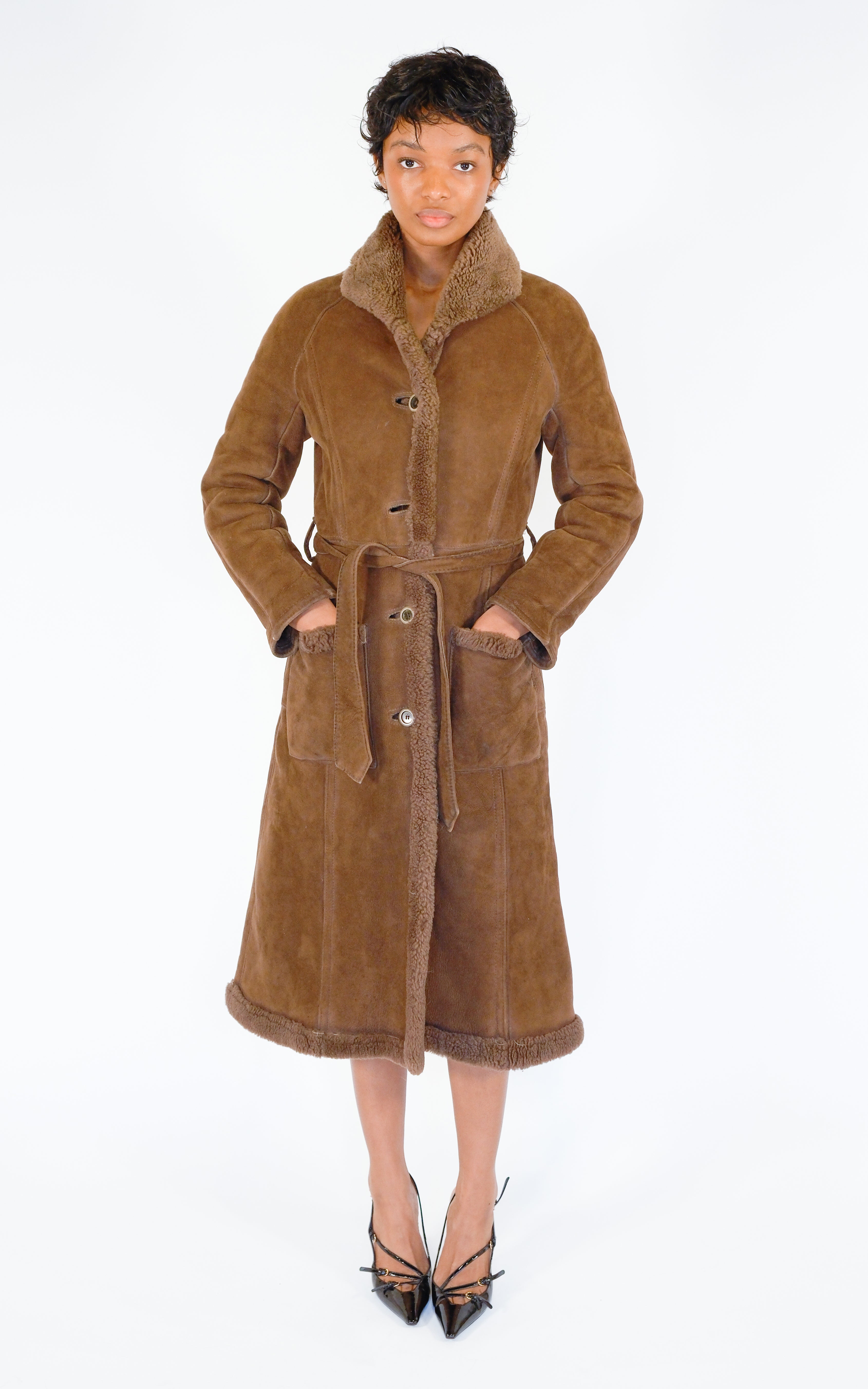 VINTAGE Brown Leather Shearling Coat 70s Style Button Front Belted Midi Jacket