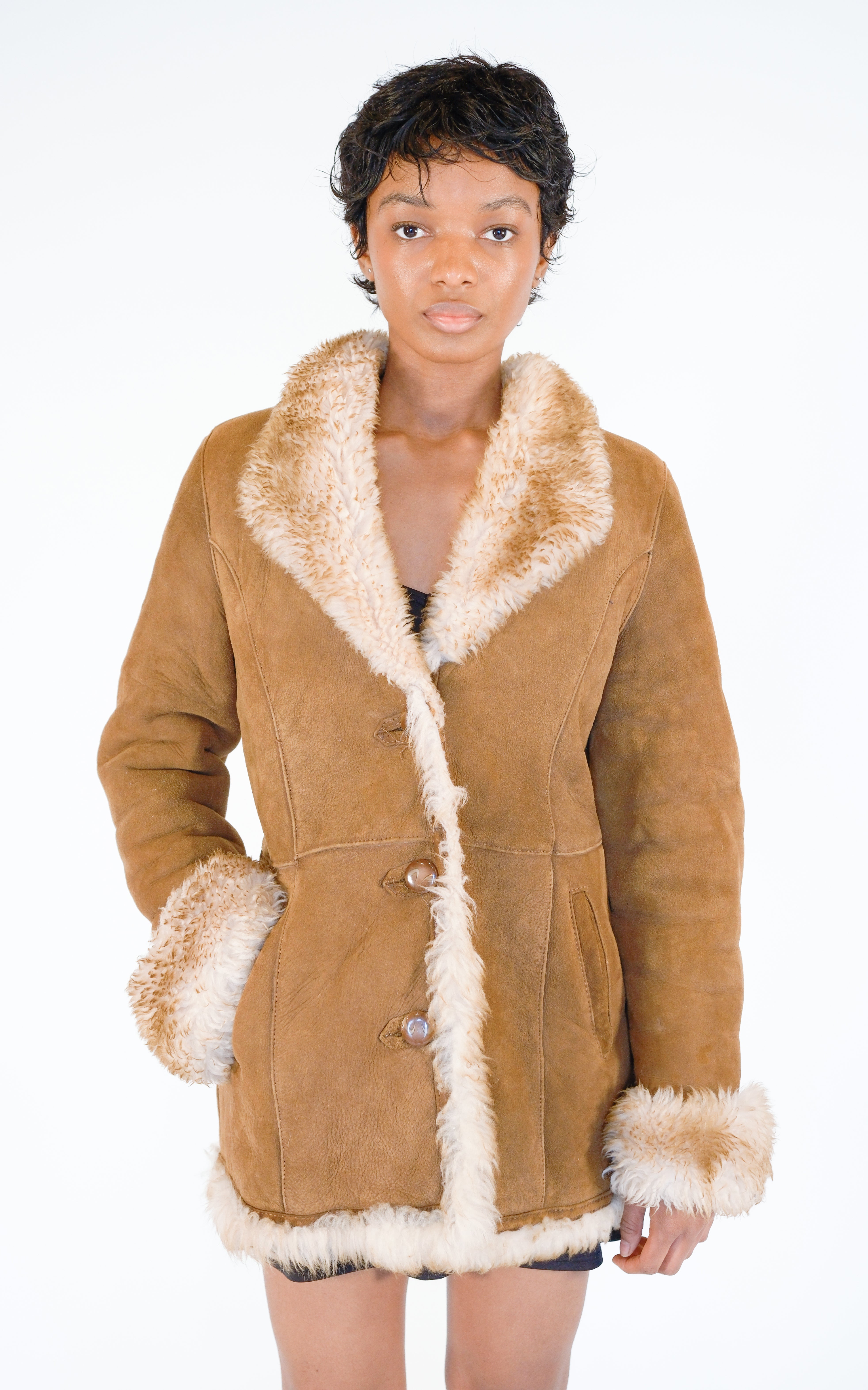 VINTAGE Brown Suede Shearling 70s Style Button Front Fitted Jacket