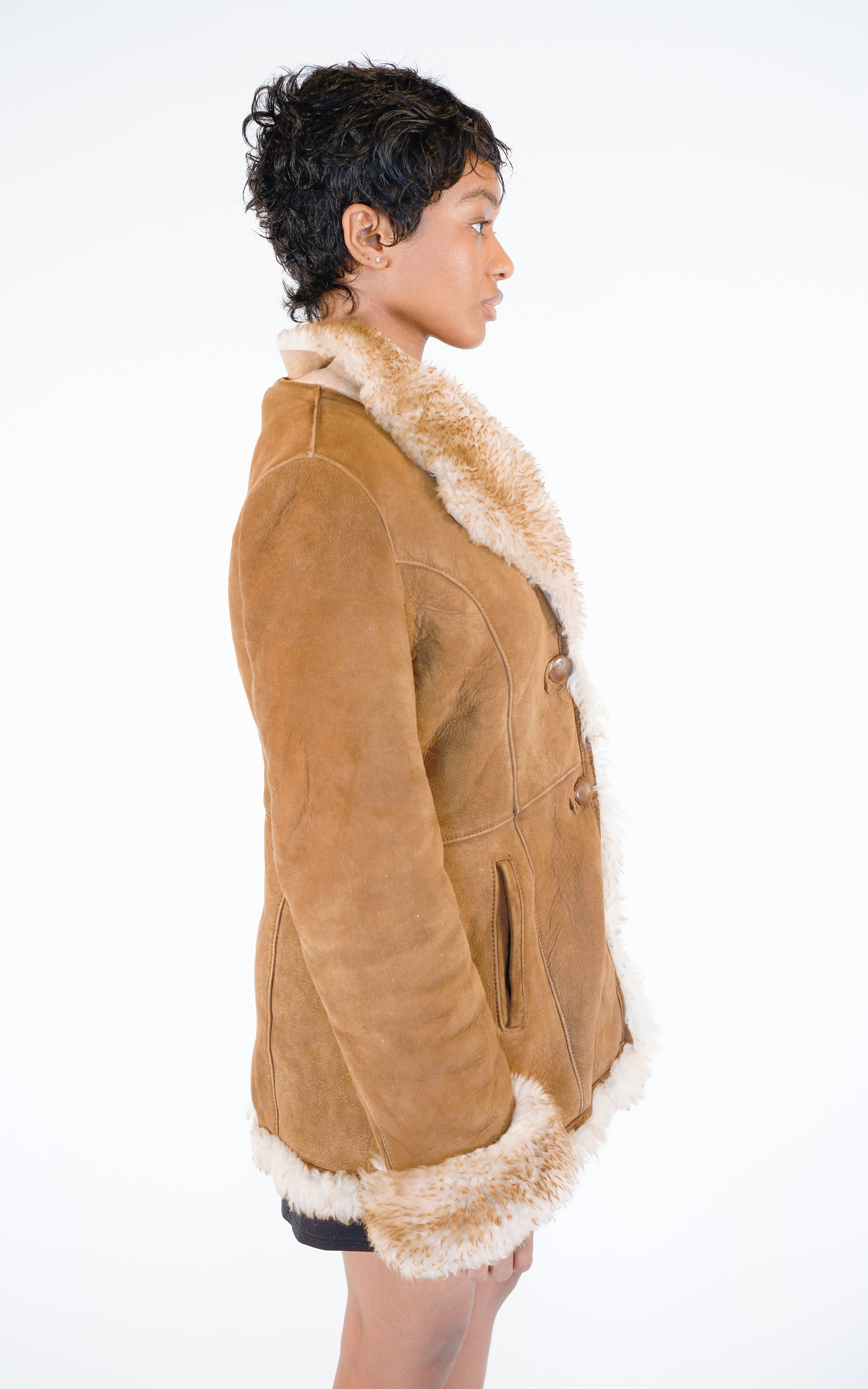 VINTAGE Brown Suede Shearling 70s Style Button Front Fitted Jacket