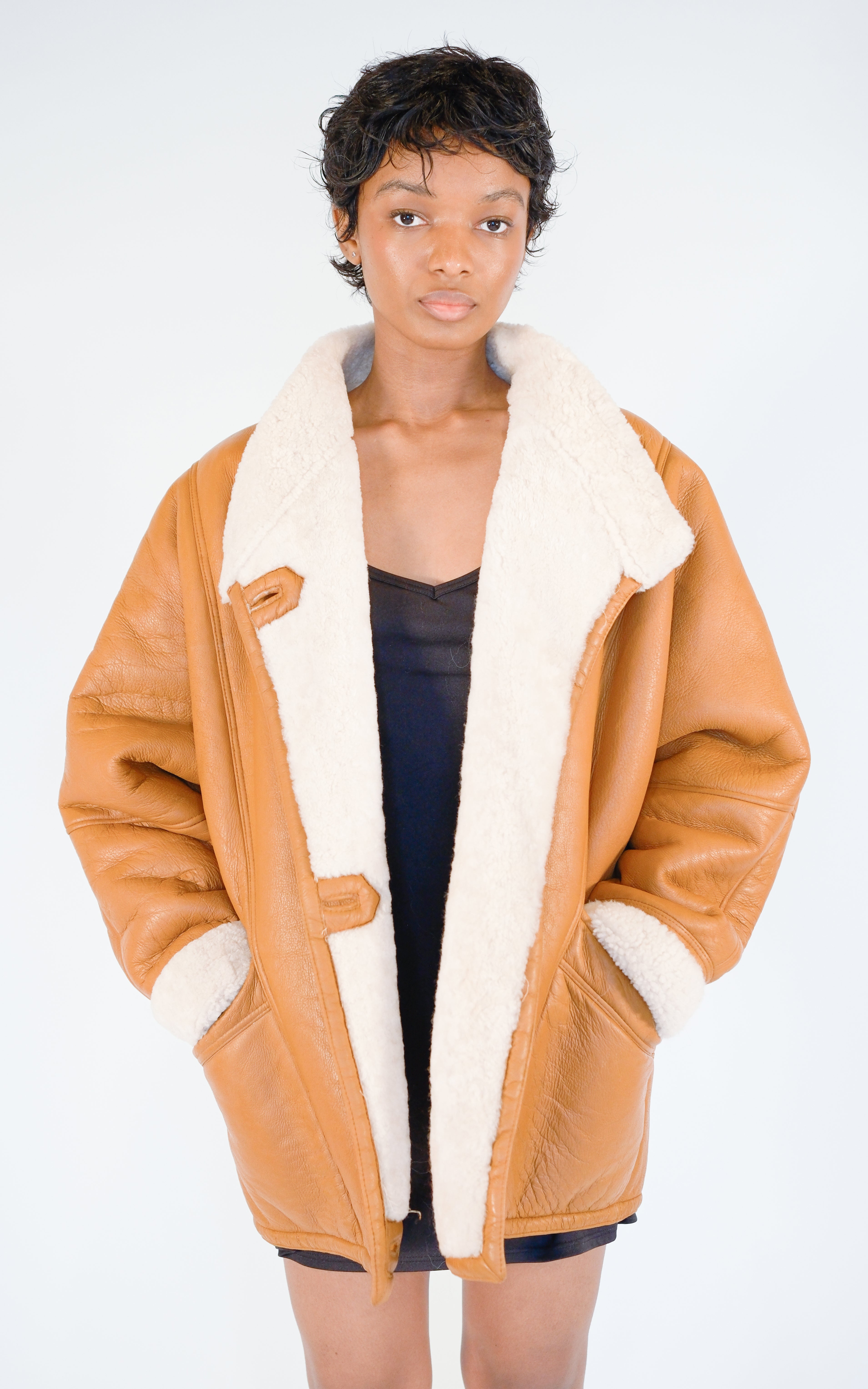 VINTAGE Camel Tan Leather Shearling 80s Button Front Oversized Jacket