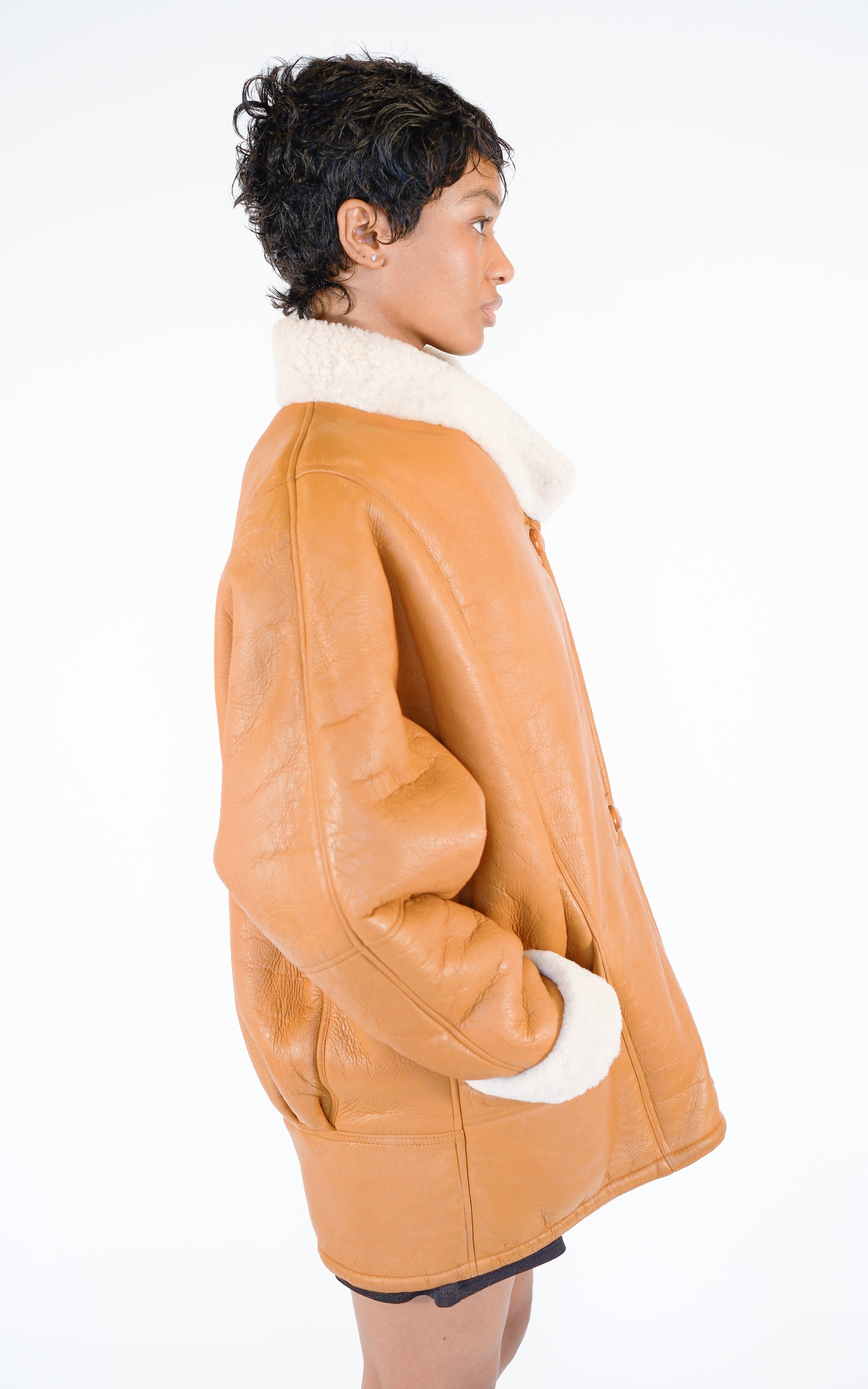 VINTAGE Camel Tan Leather Shearling 80s Button Front Oversized Jacket