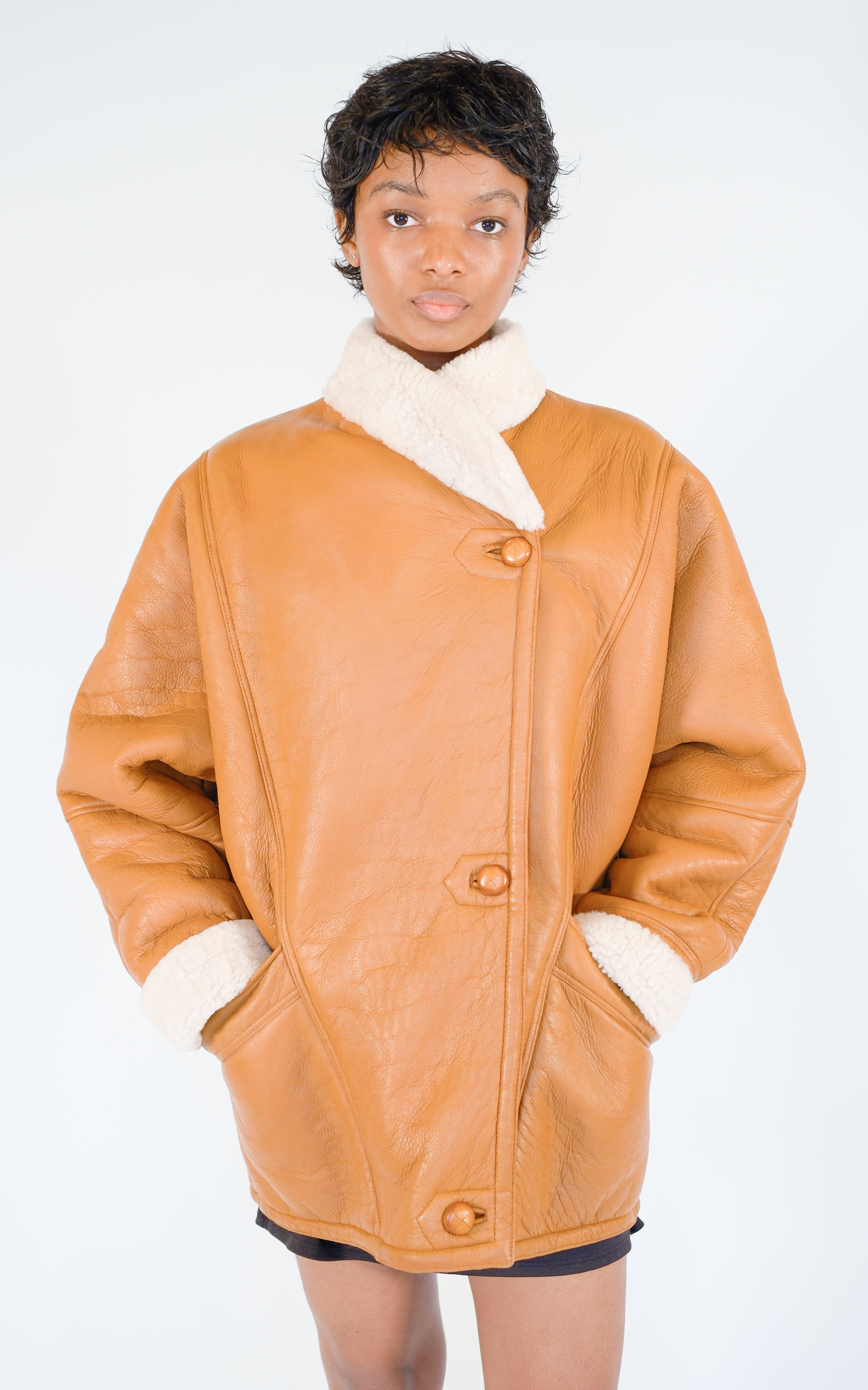 VINTAGE Camel Tan Leather Shearling 80s Button Front Oversized Jacket