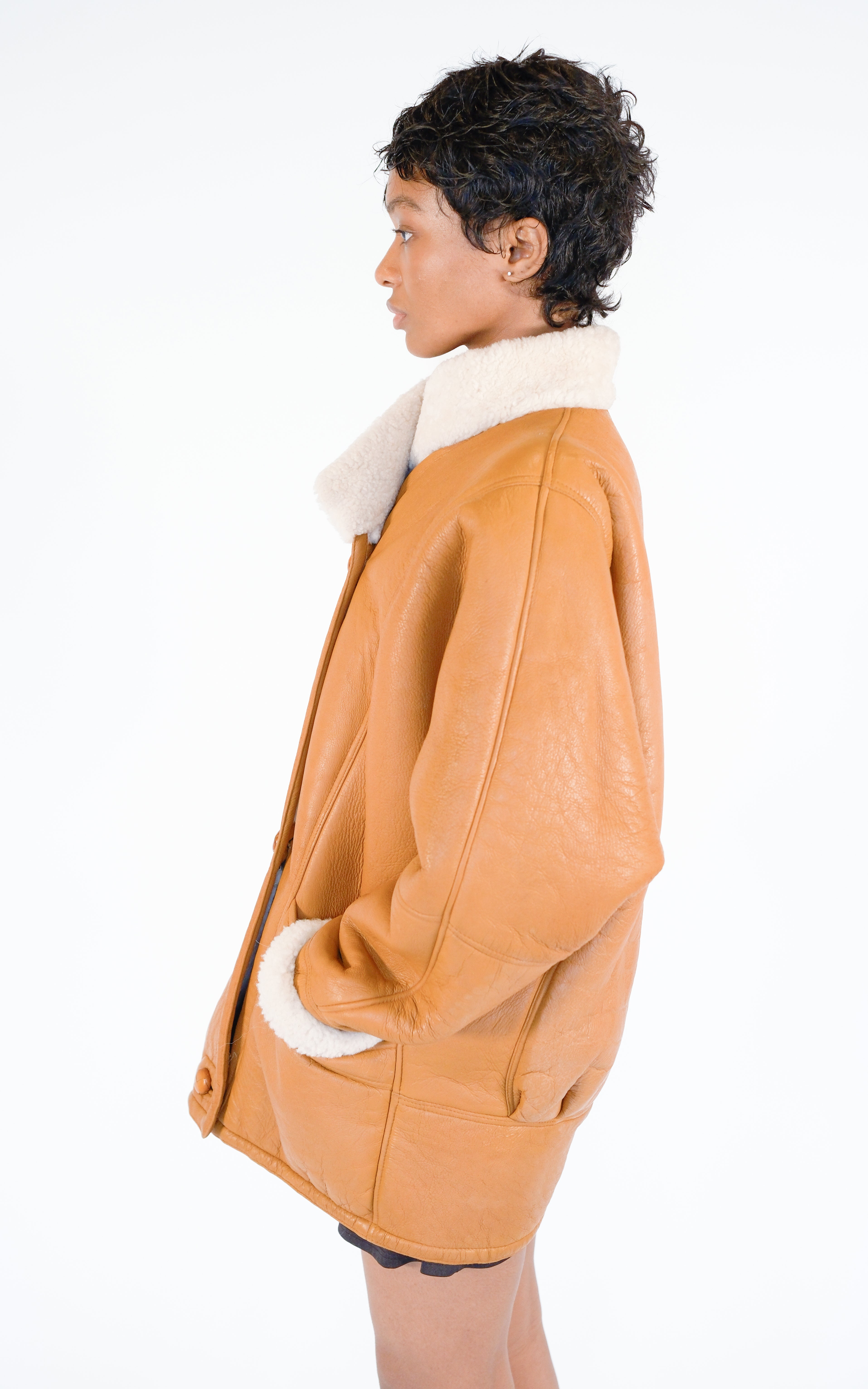 VINTAGE Camel Tan Leather Shearling 80s Button Front Oversized Jacket