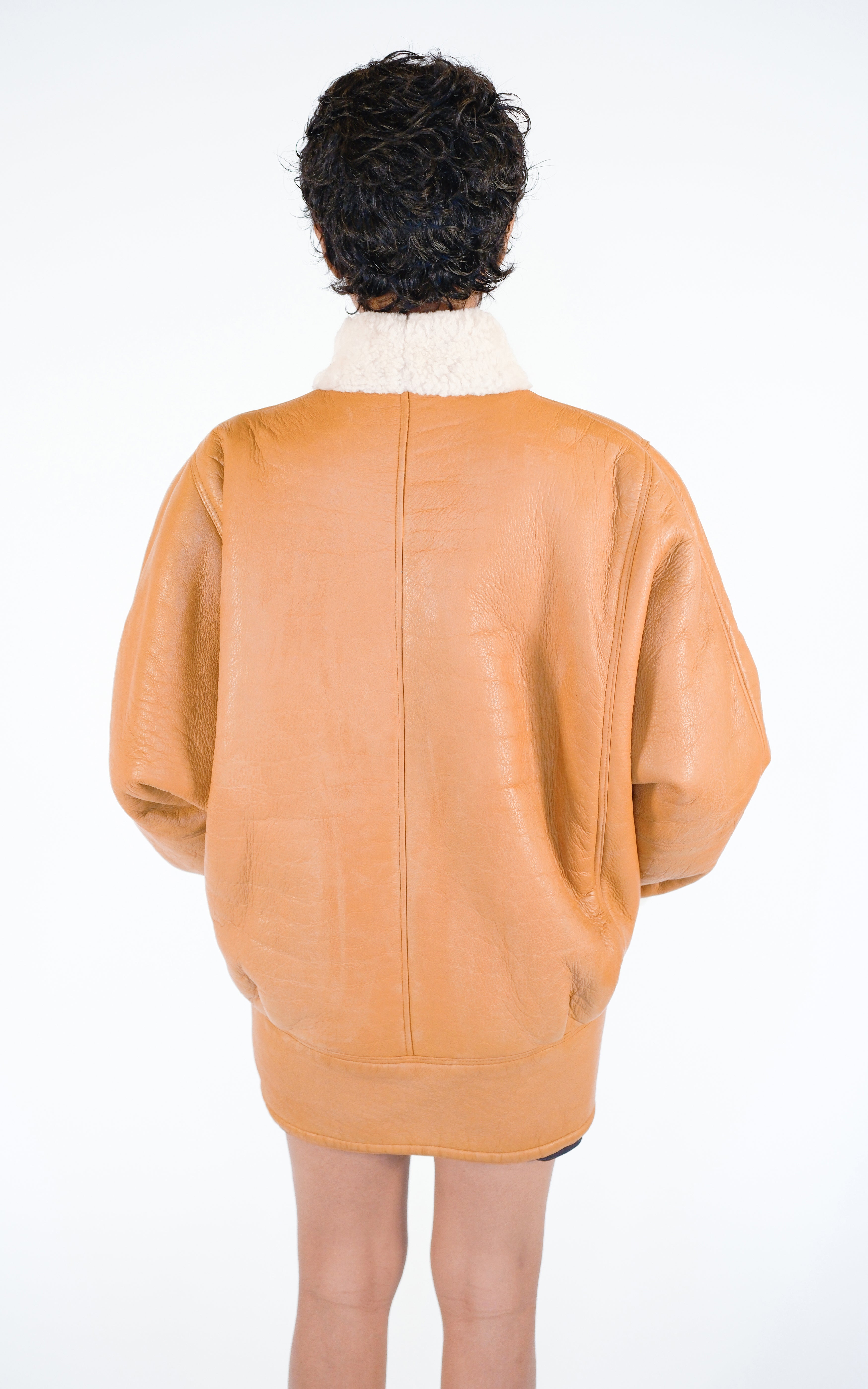 VINTAGE Camel Tan Leather Shearling 80s Button Front Oversized Jacket