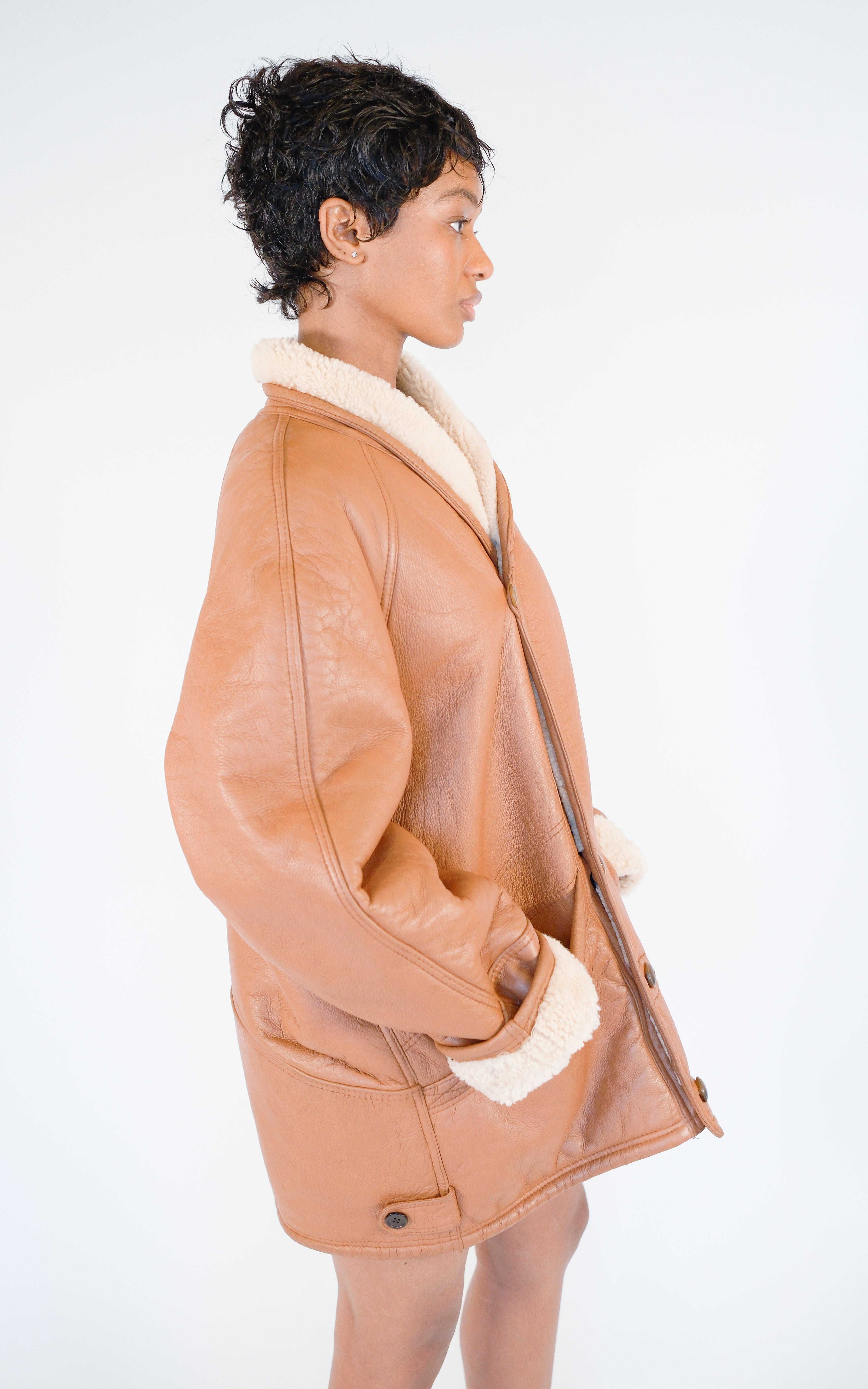 VINTAGE Tan Leather Shearling 80s Style Oversized Button Front Jacket