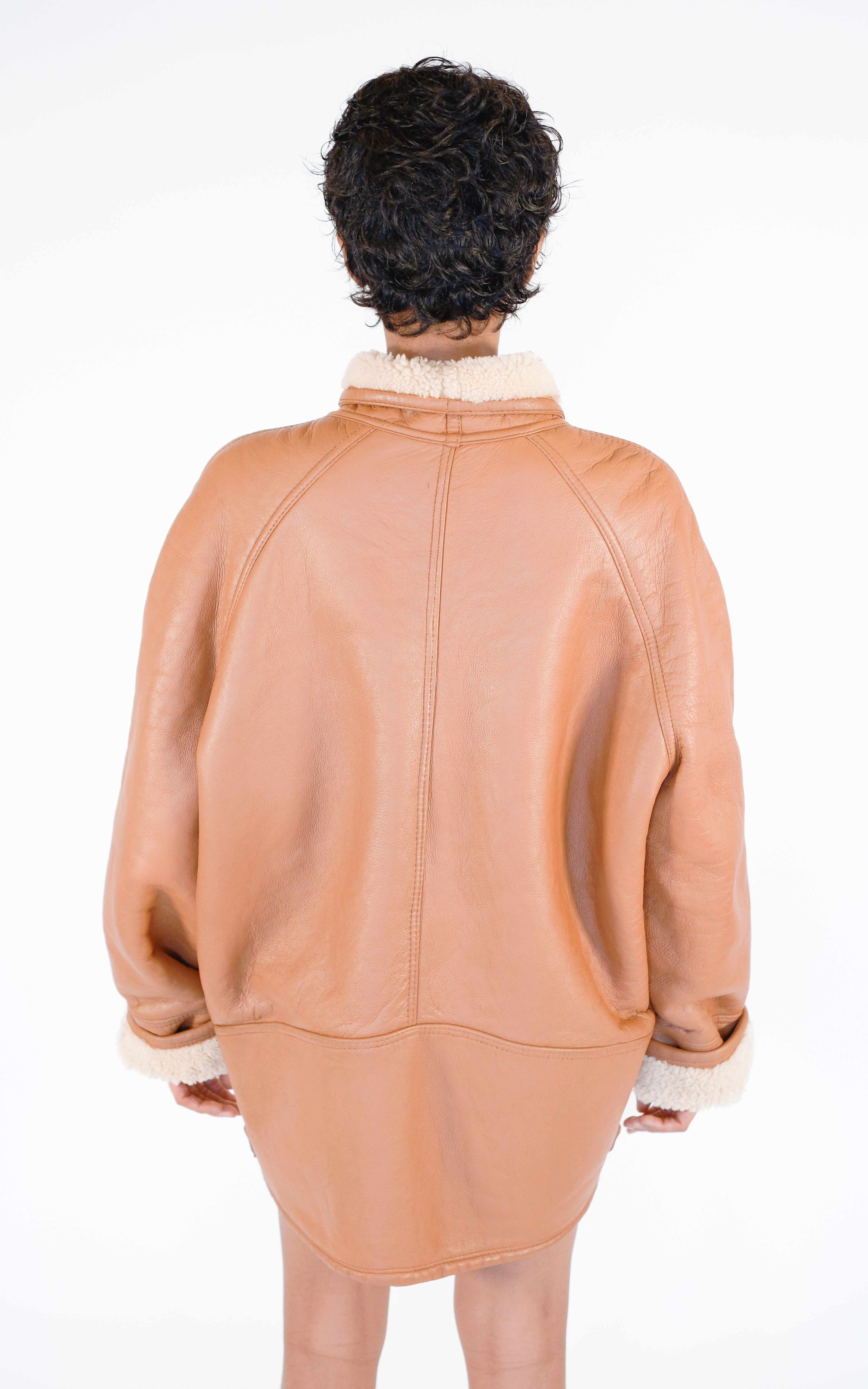 VINTAGE Tan Leather Shearling 80s Style Oversized Button Front Jacket
