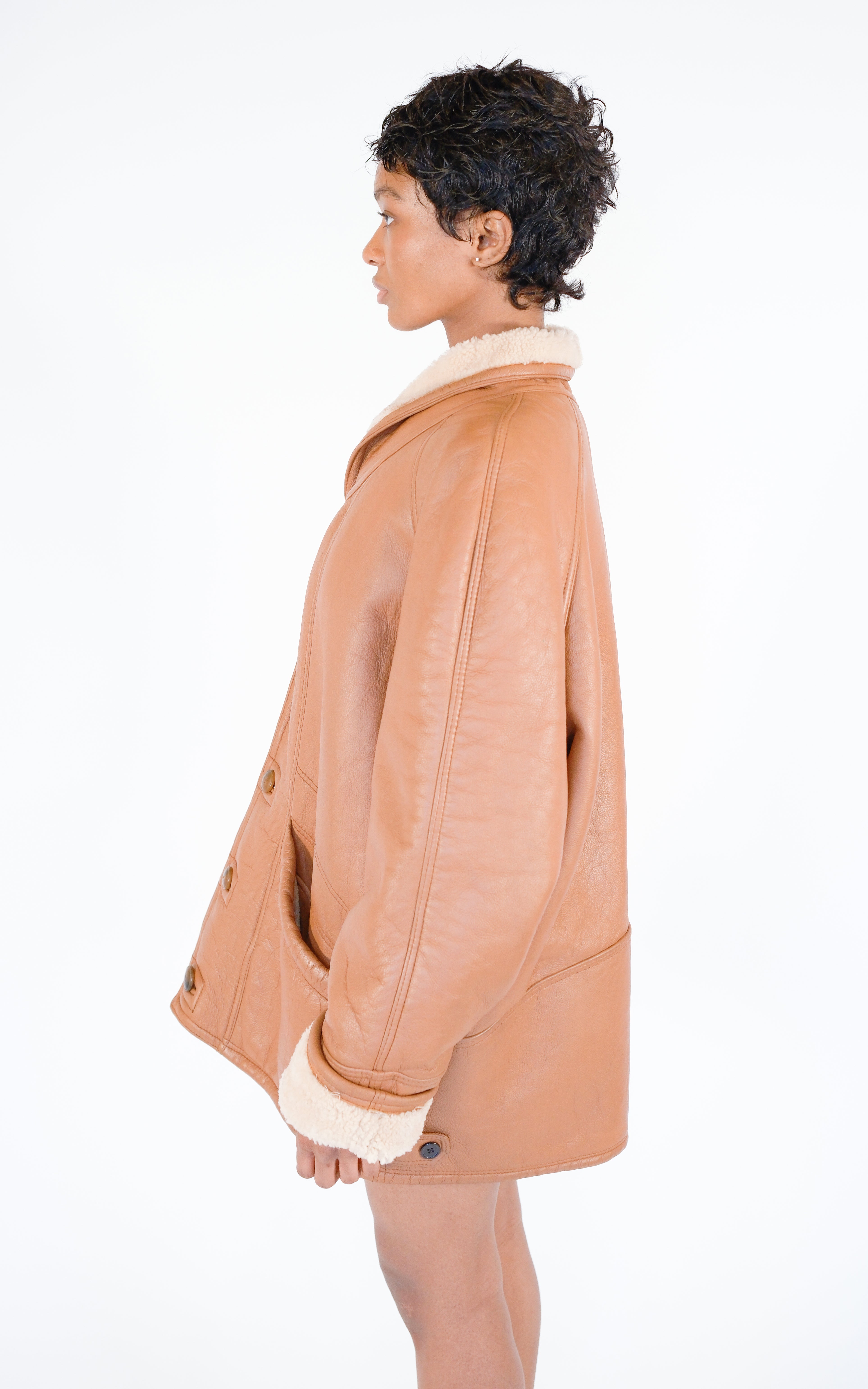 VINTAGE Tan Leather Shearling 80s Style Oversized Button Front Jacket