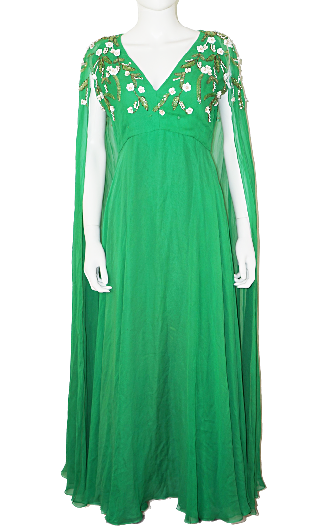 VINTAGE-Victoria-Royal-Green-Chiffon-Cape-Dress