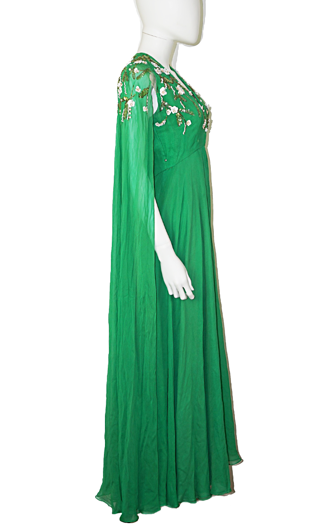 VINTAGE-Victoria-Royal-Green-Chiffon-Cape-Dress
