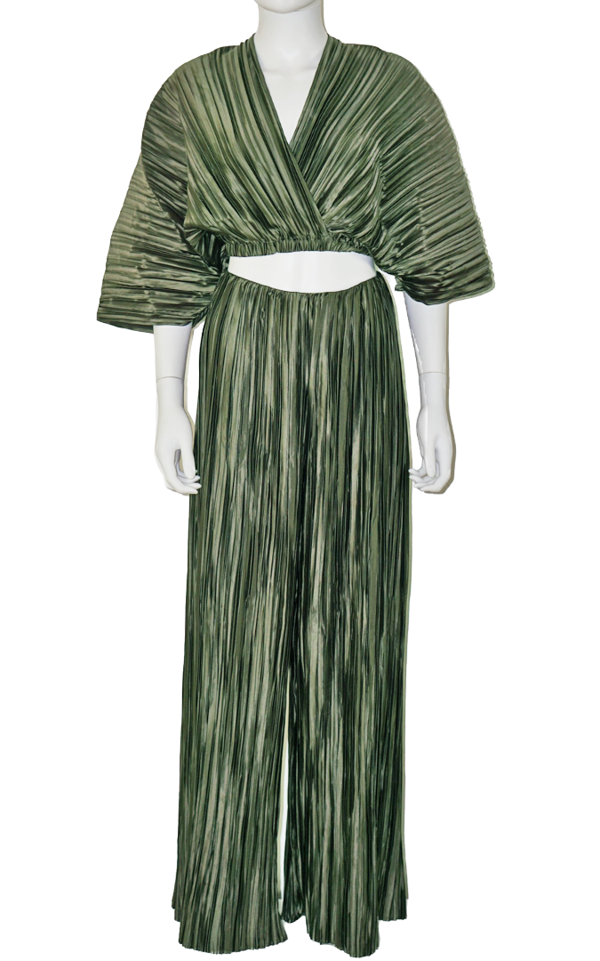ZARA Green Plisse Pleated Top Pants Set Suit