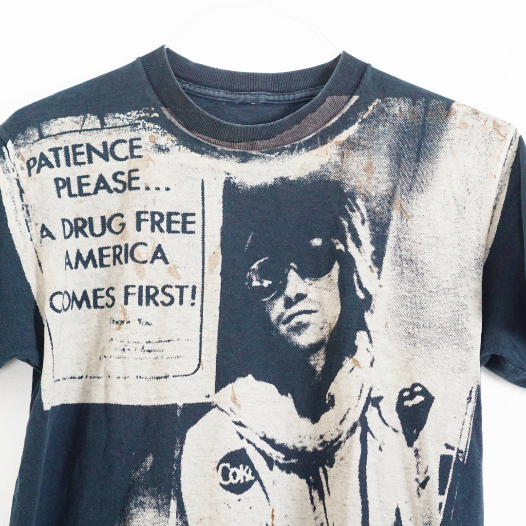 VINTAGE Keith Richards Rolling Stones Graphic Black T-Shirt Tee One Size A Drug Free America Comes First Printed