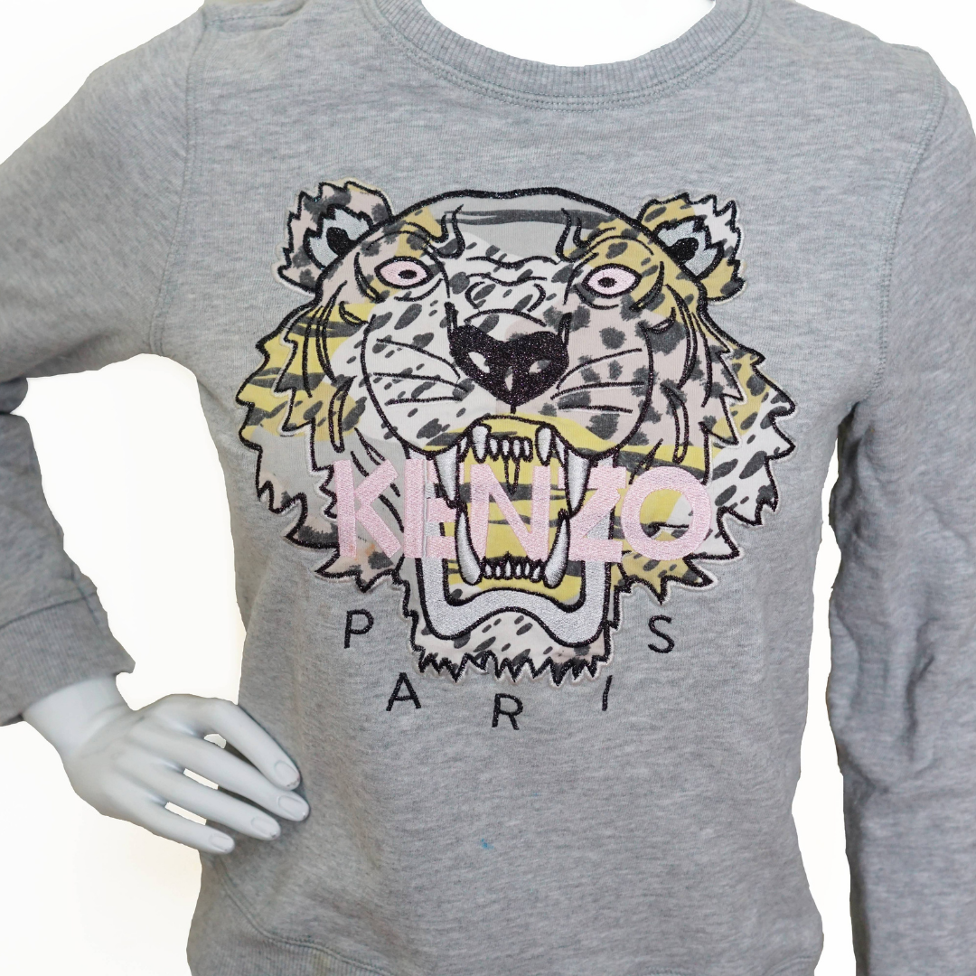 KENZO Iconic Tiger Logo Embroidered Design Gray Sweatshirt 100% Cotton Long Sleeves Ribbed Trim On The Neck Hem & Cuffs XS