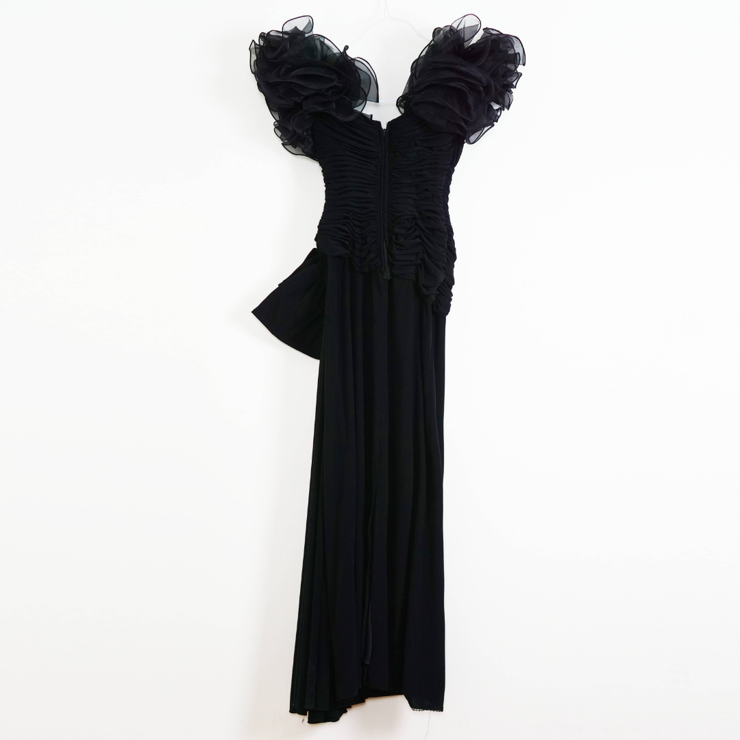 VINTAGE Cache by Julie Duroche Black Evening Ruched Ruffle Long Formal Dress S Puff Sleeves Embellished Zip
