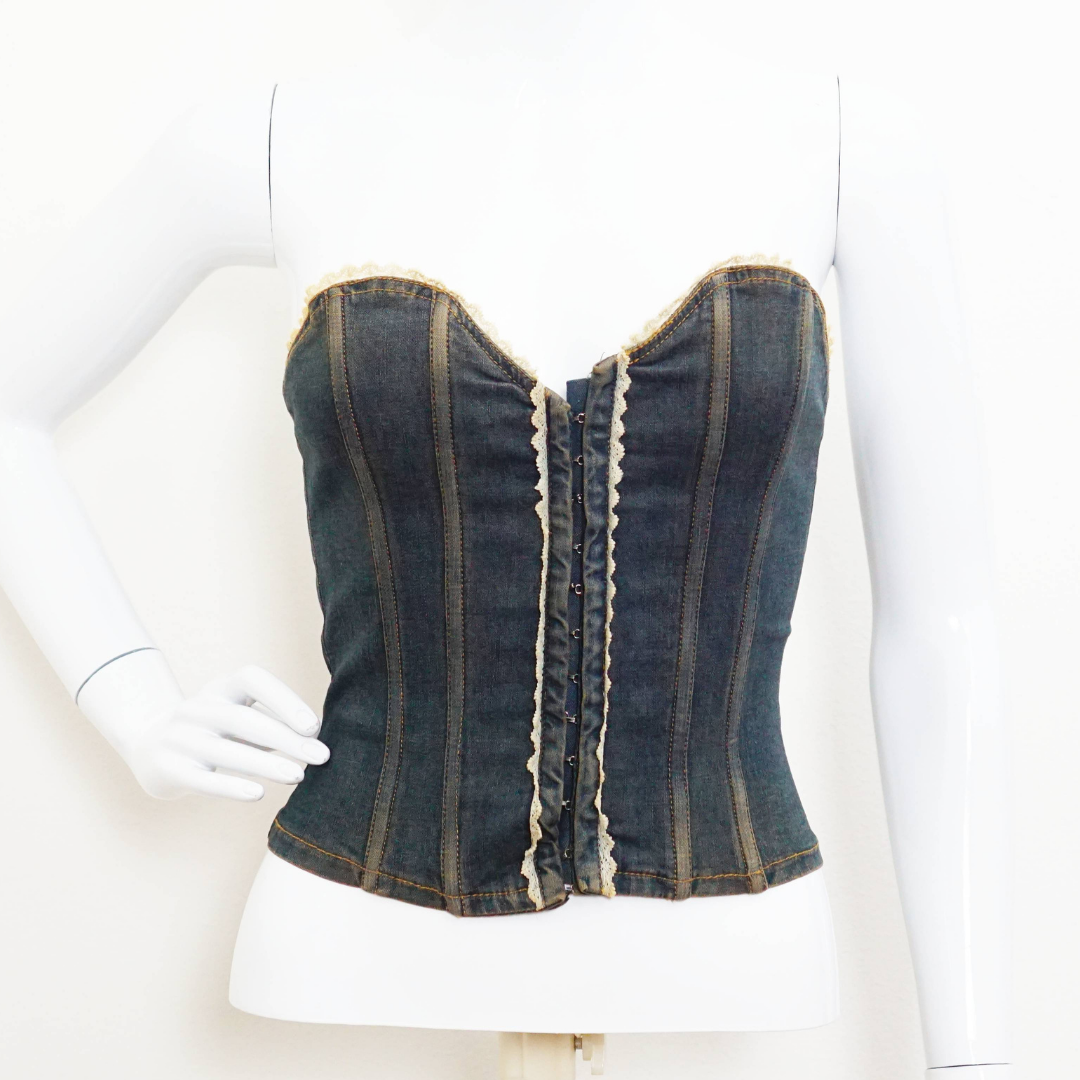 VINTAGE Music Denim Y2K Corset Strapless Top 2000s Britney Spears Hook & Eye Closure At The Front Retro Style Small