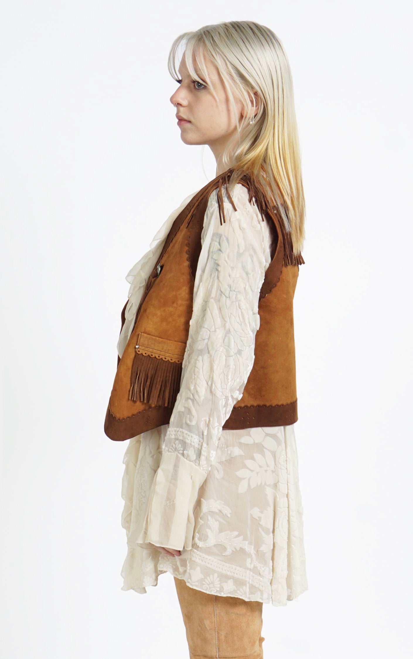 VINTAGE Brown Suede Leather Fringe Boho Vest resellum