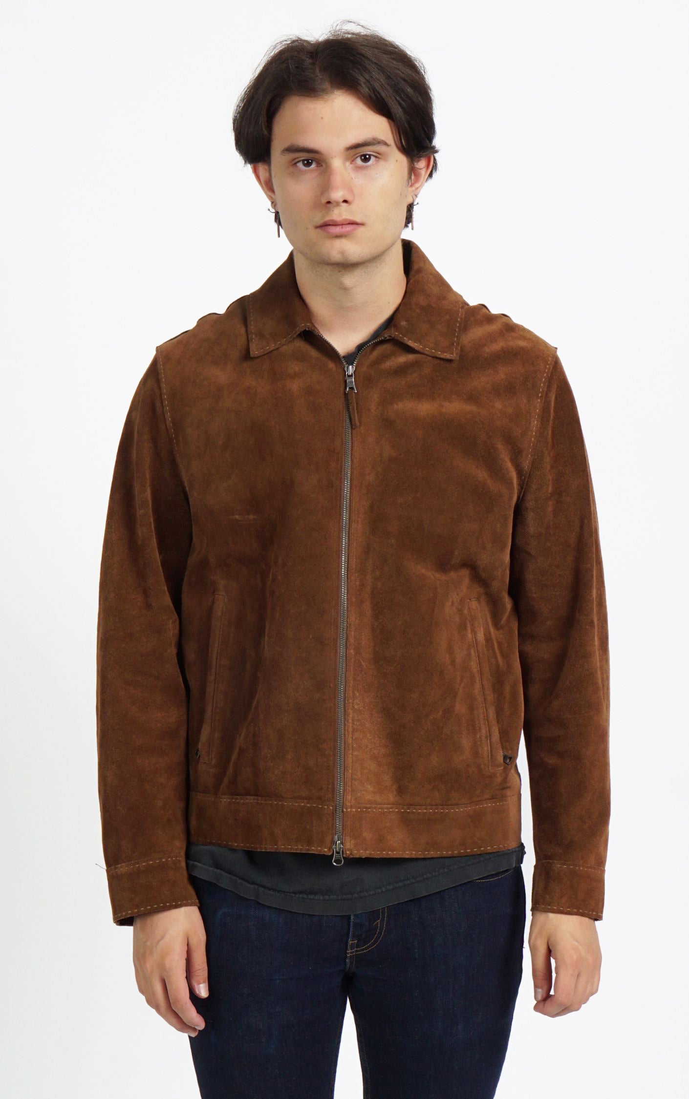 VINTAGE Brown Suede Zip Up Collared Tailored Western Jacket resellum