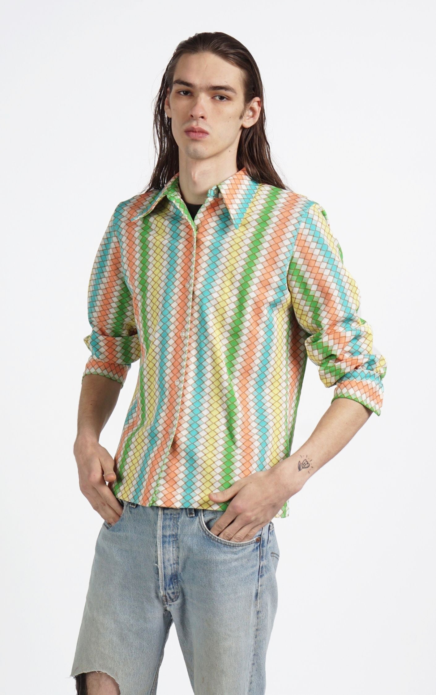 VINTAGE Multicolor Rhombus Geometric Collared Button Down Shirt resellum
