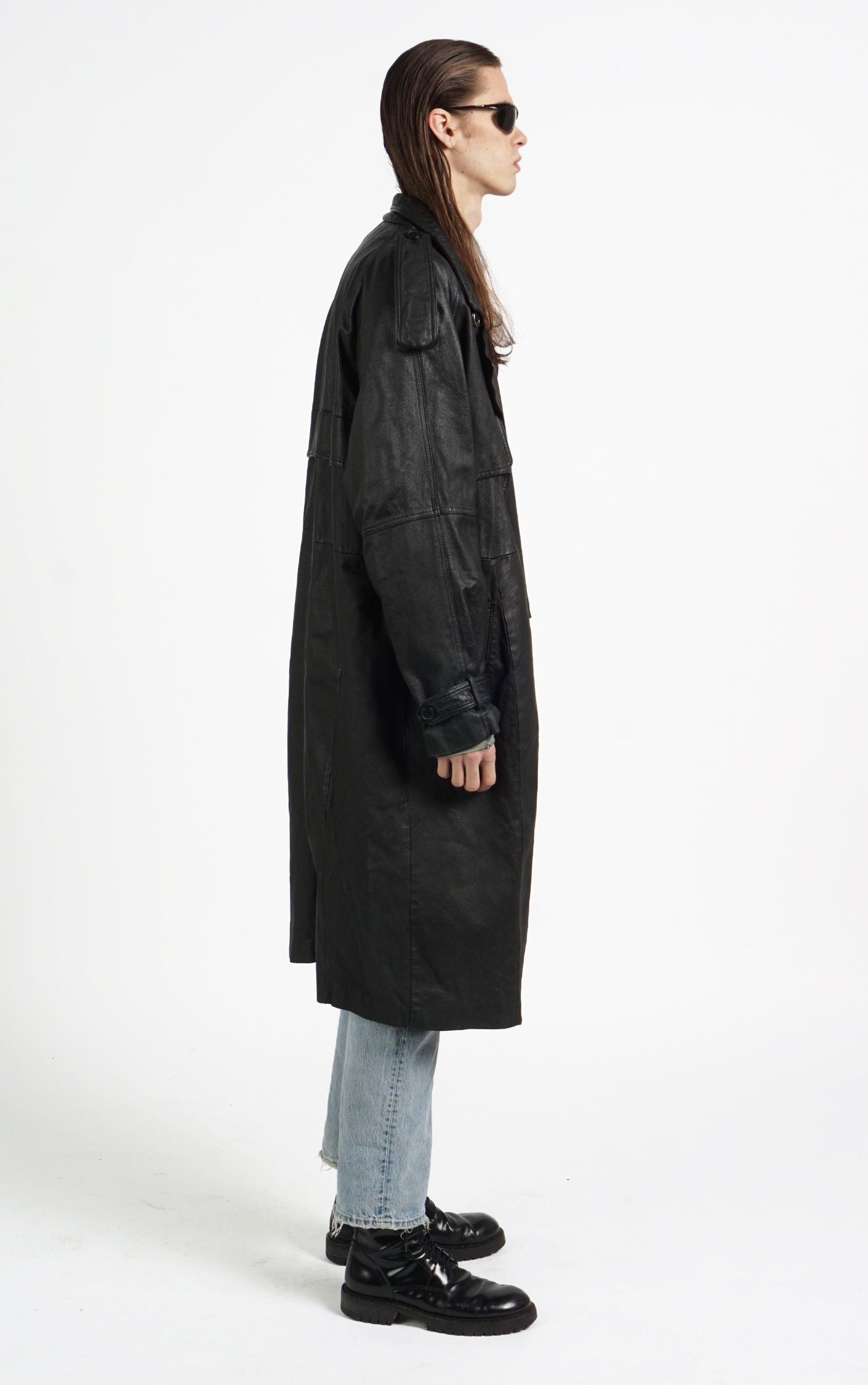VINTAGE 90s Black Real Leather Long Buttoned Oversized Coat resellum