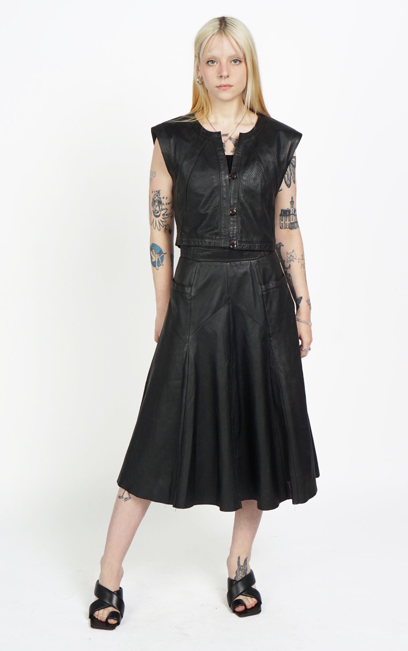 VINTAGE Real Leather Black Top Midi Skirt Set Suit resellum