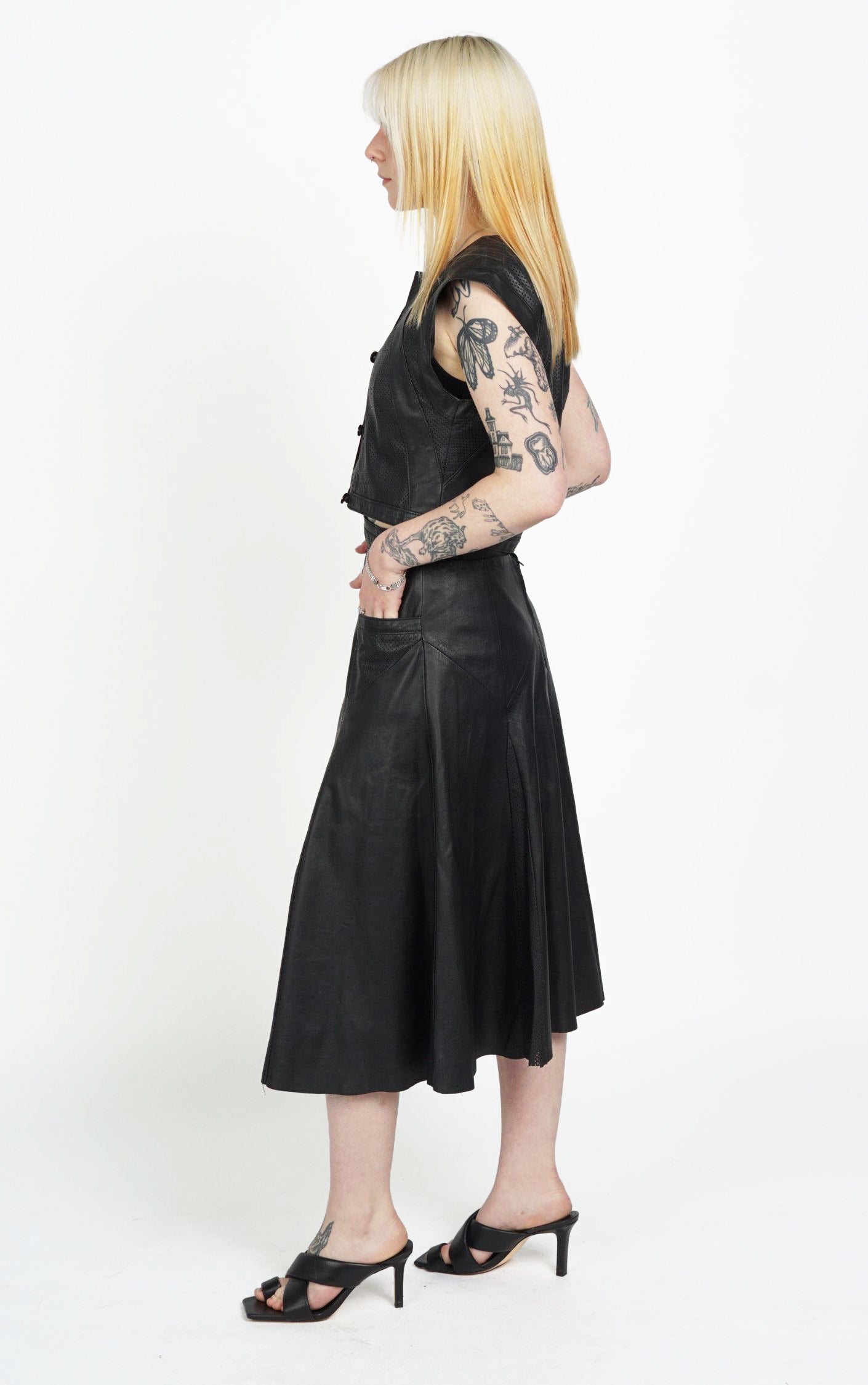 VINTAGE Real Leather Black Top Midi Skirt Set Suit resellum