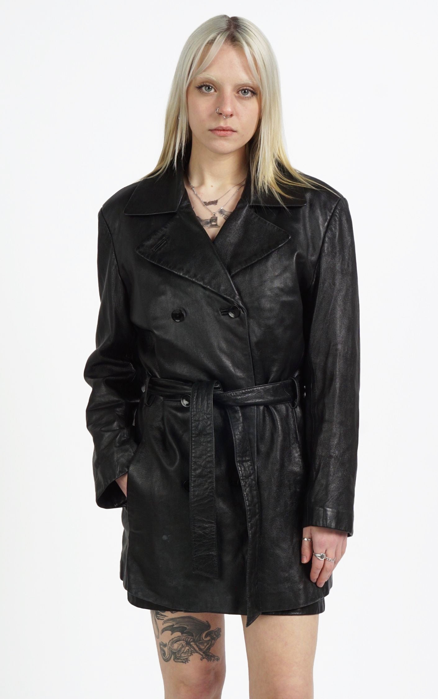 VINTAGE 90s Black Real Leather Button Down Belted Coat resellum