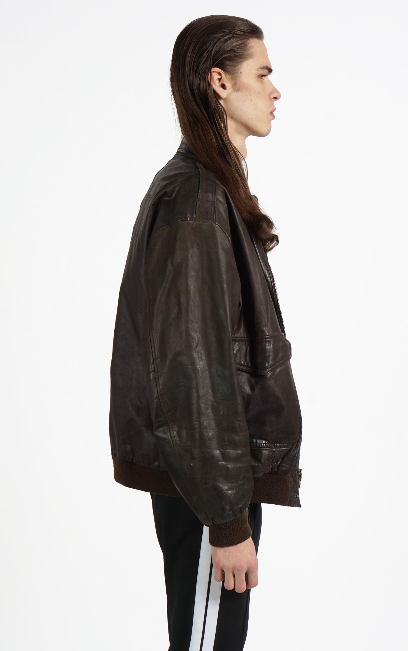 VINTAGE Dark Brown Faded Leather Aviator Style Pockets Grunge Jacket resellum
