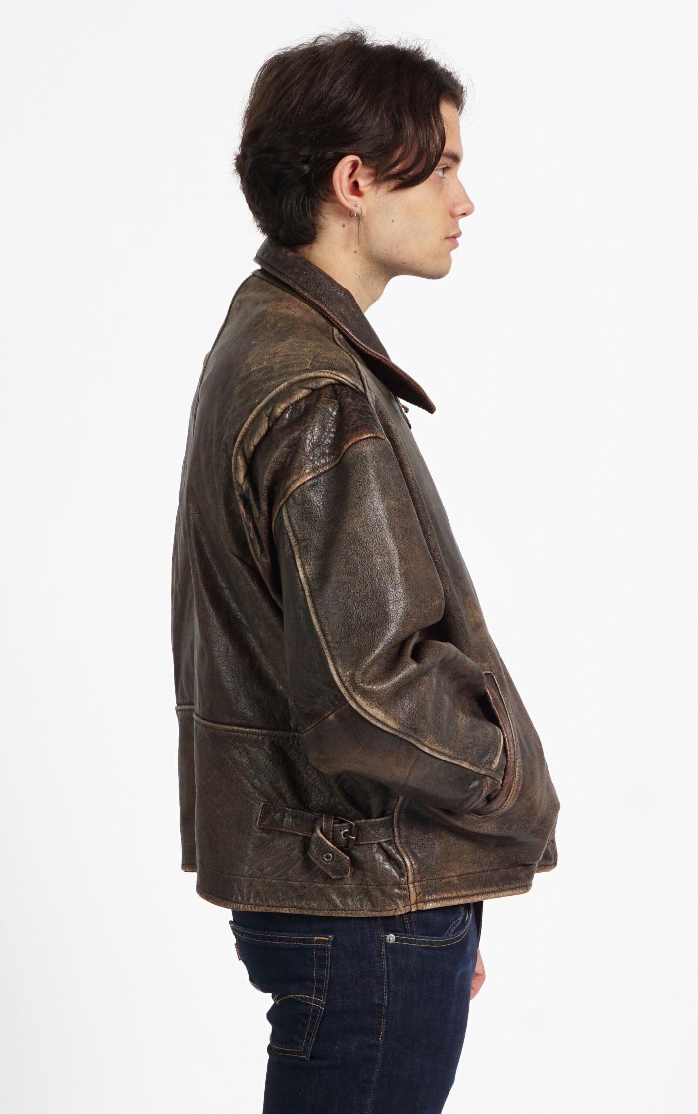 VINTAGE Faded Leather Brown Grunge Moto Oversized Jacket resellum