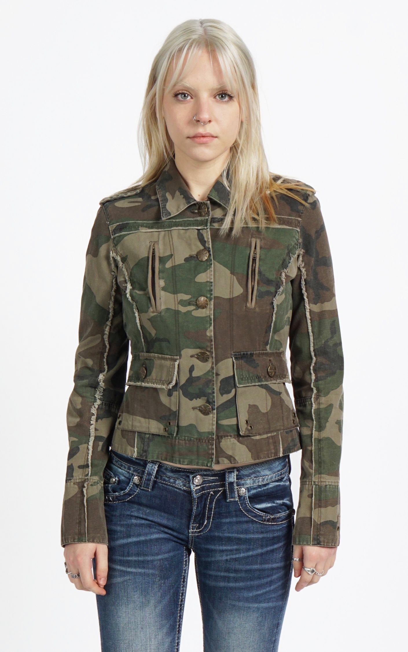 VINTAGE Y2K Rhinestones Embellished Military Khaki Jacket resellum