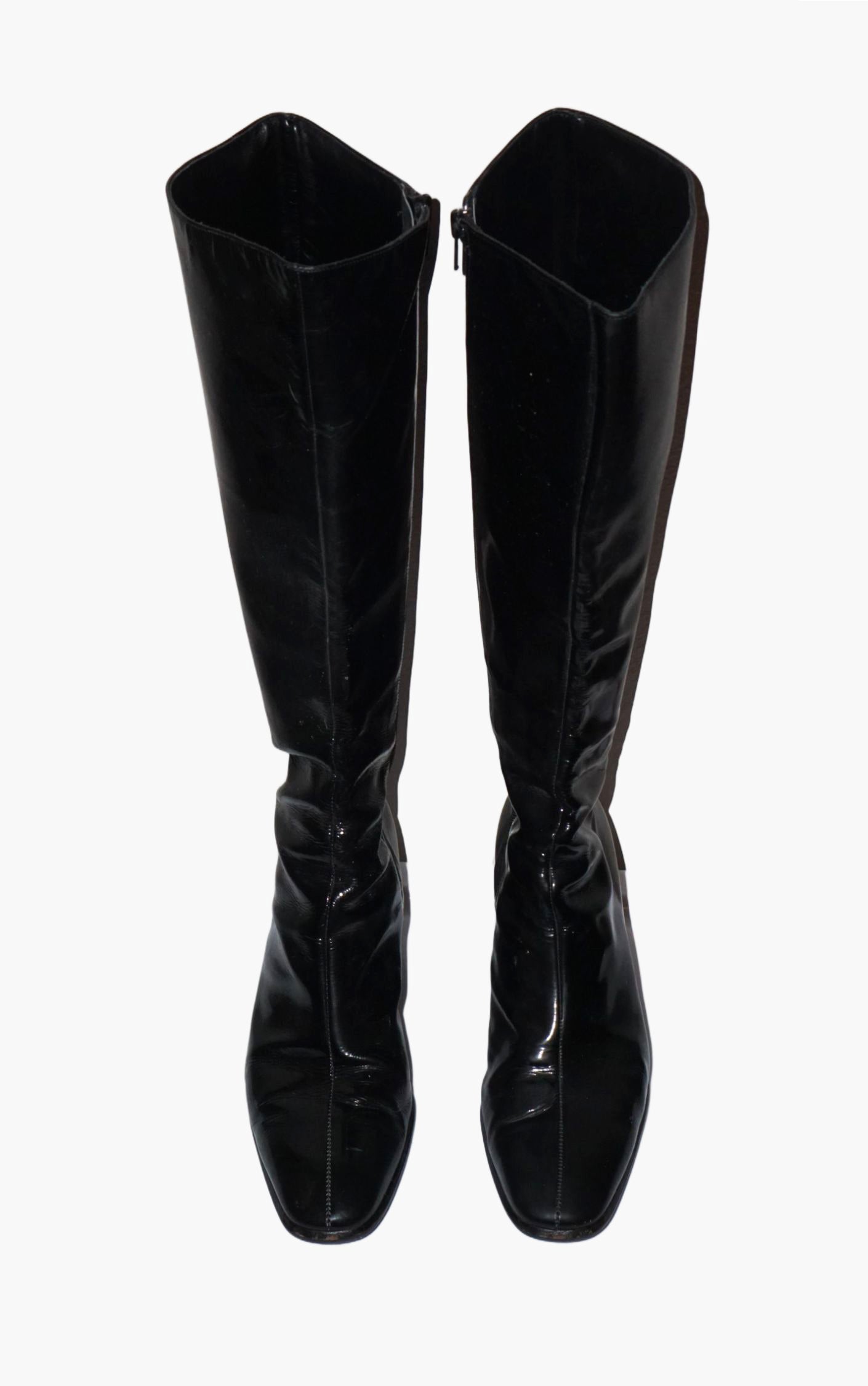 ANDREA CARRANO Black Patent Leather Knee Length Heeled Boots resellum