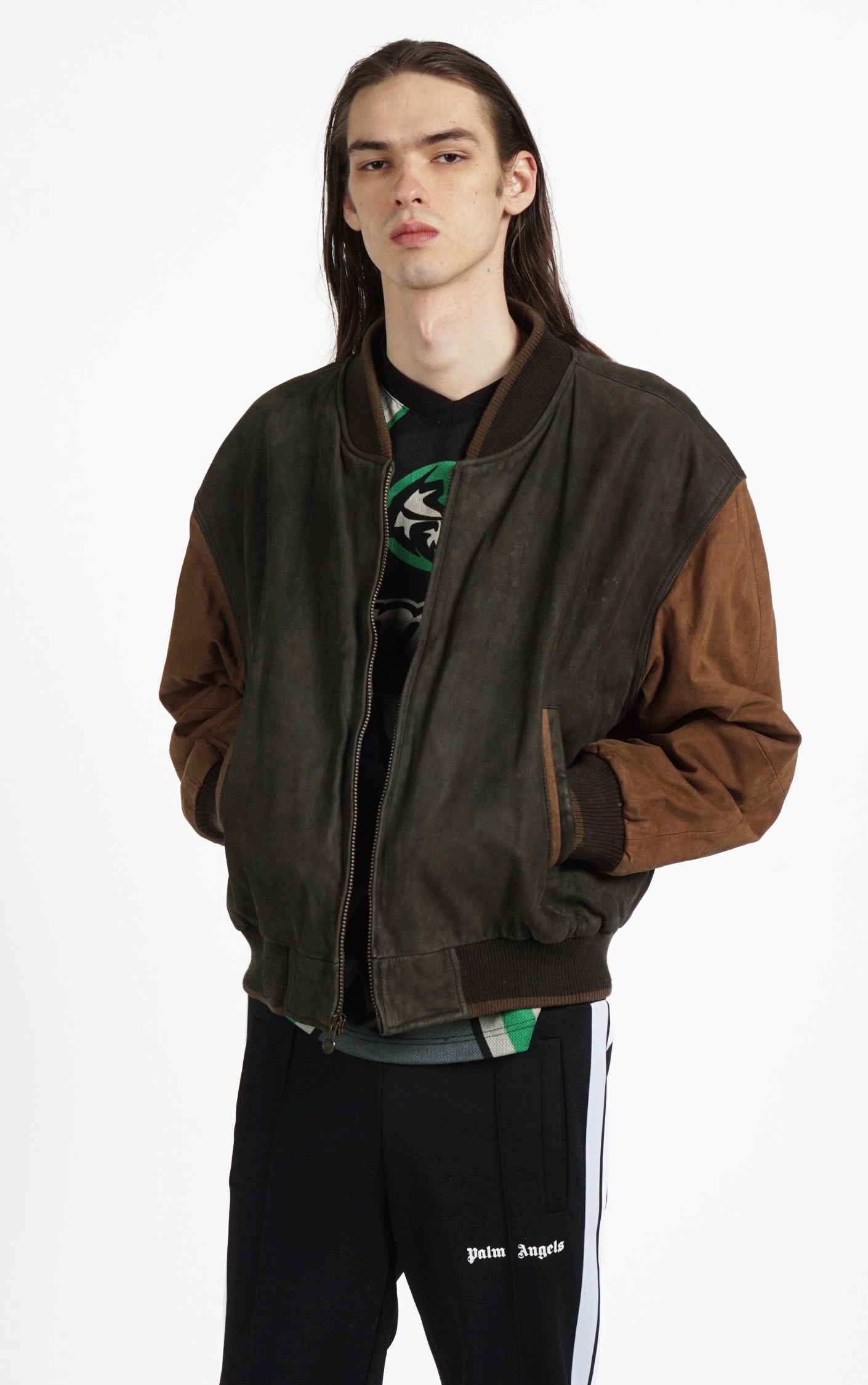 VINTAGE Brown Suede Leather Grunge Bomber Varsity Jacket resellum