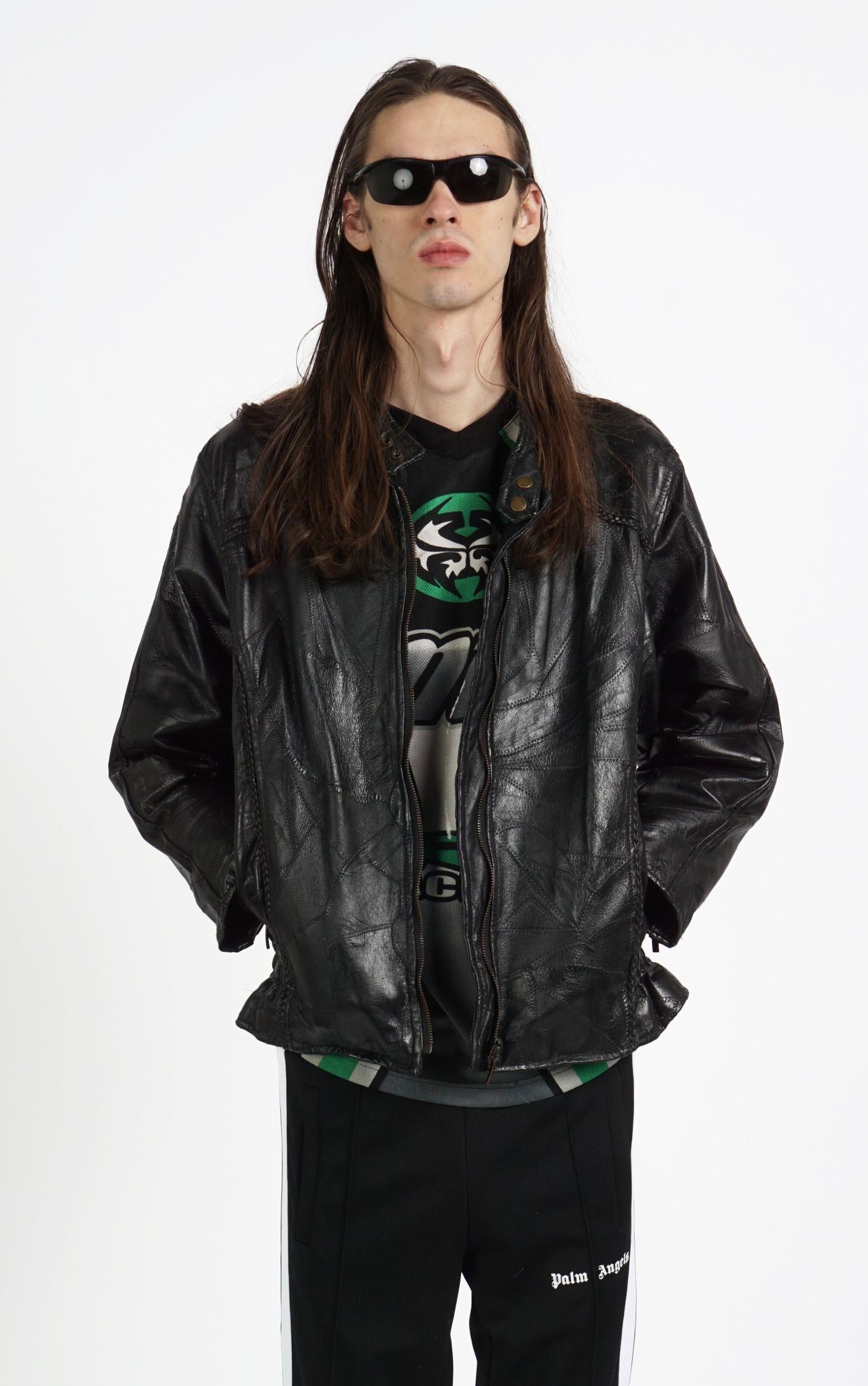 VINTAGE Black Real Leather Patchwork Grunge Goth Jacket resellum