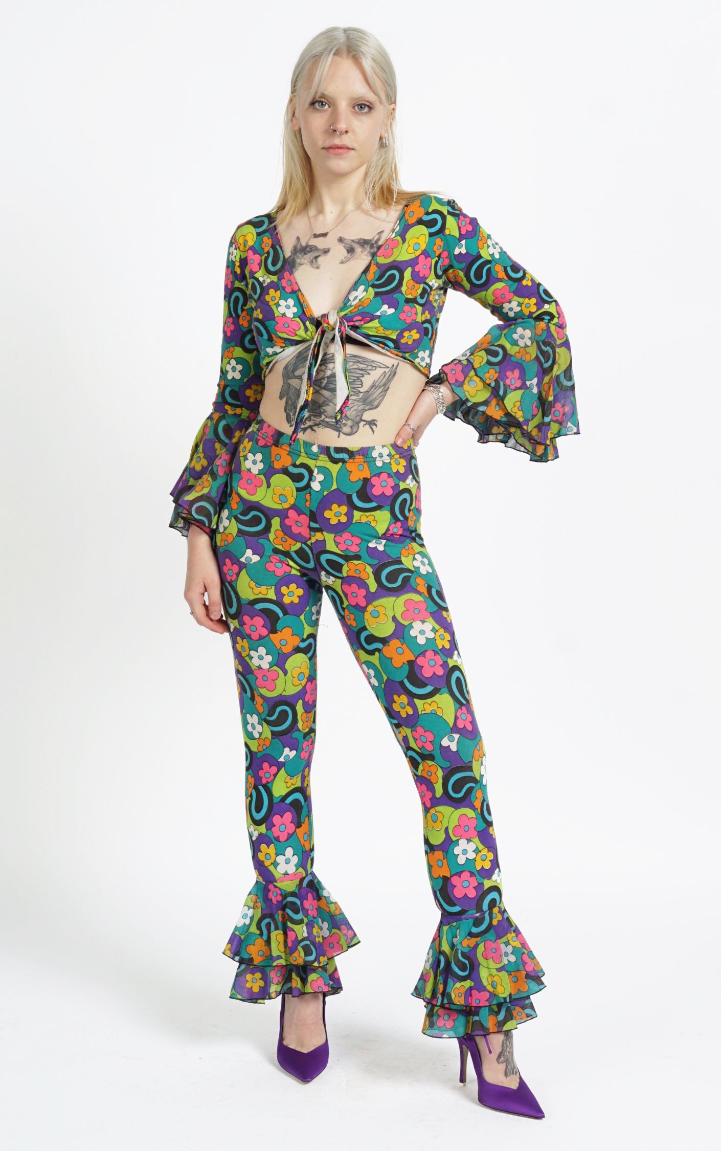 VINTAGE 70s Boho Floral Ruffled Top Pants Set Suit resellum