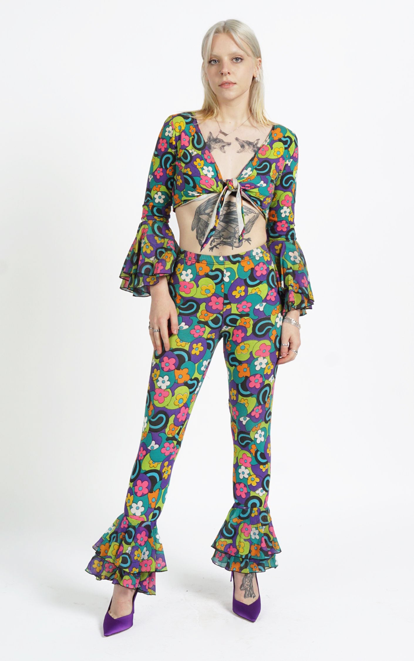 VINTAGE 70s Boho Floral Ruffled Top Pants Set Suit resellum