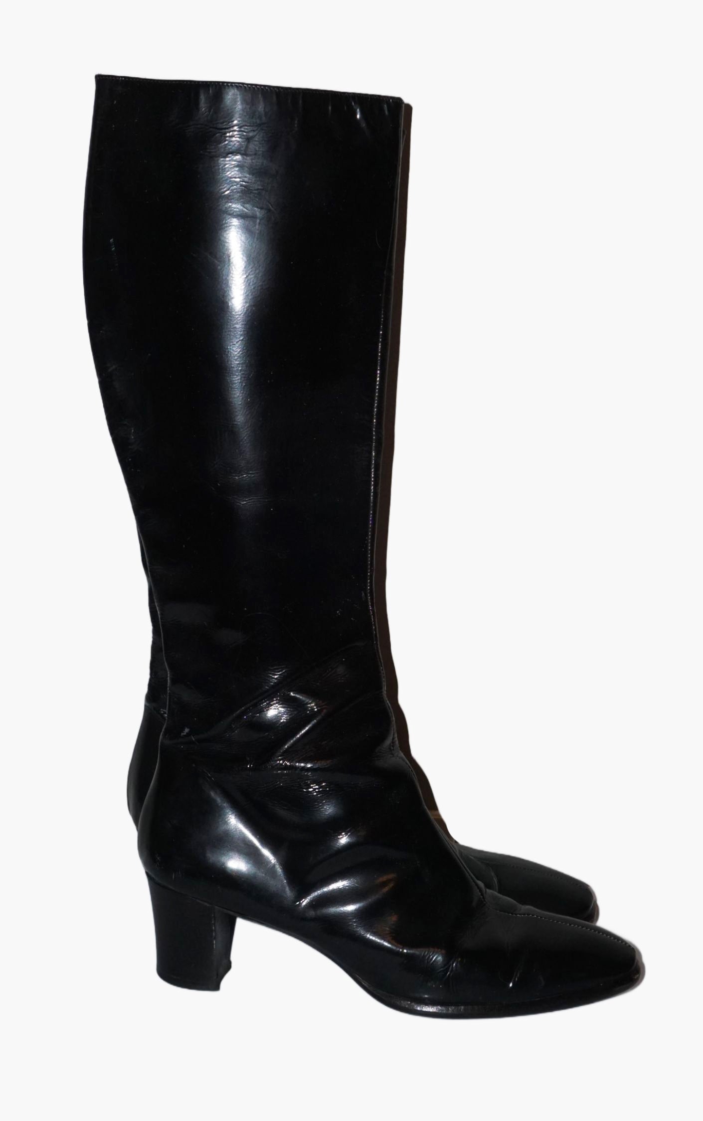 ANDREA CARRANO Black Patent Leather Knee Length Heeled Boots resellum