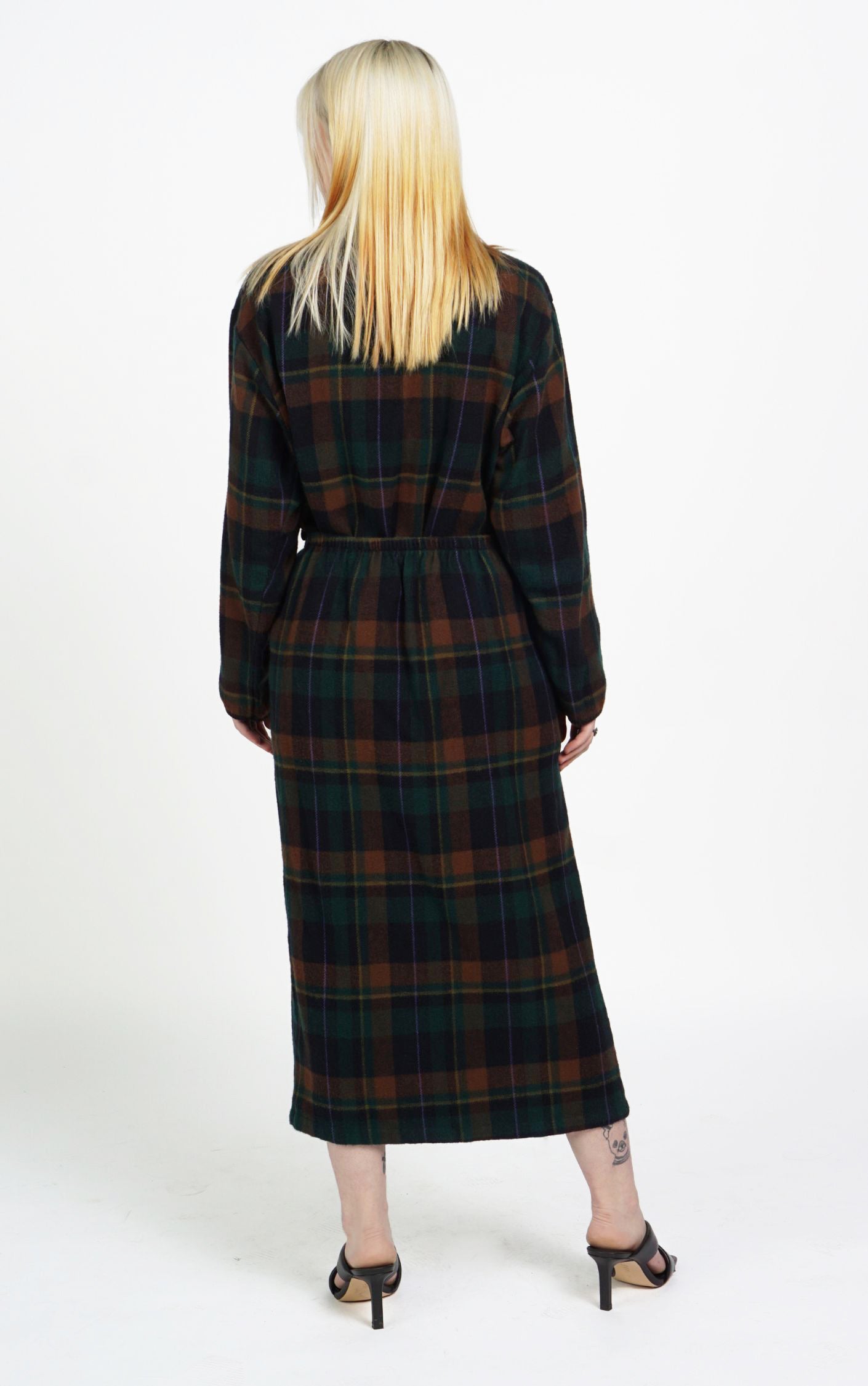 VINTAGE 100% Wool Tartan Buttoned Shirt Midi Skirt Set Suit resellum