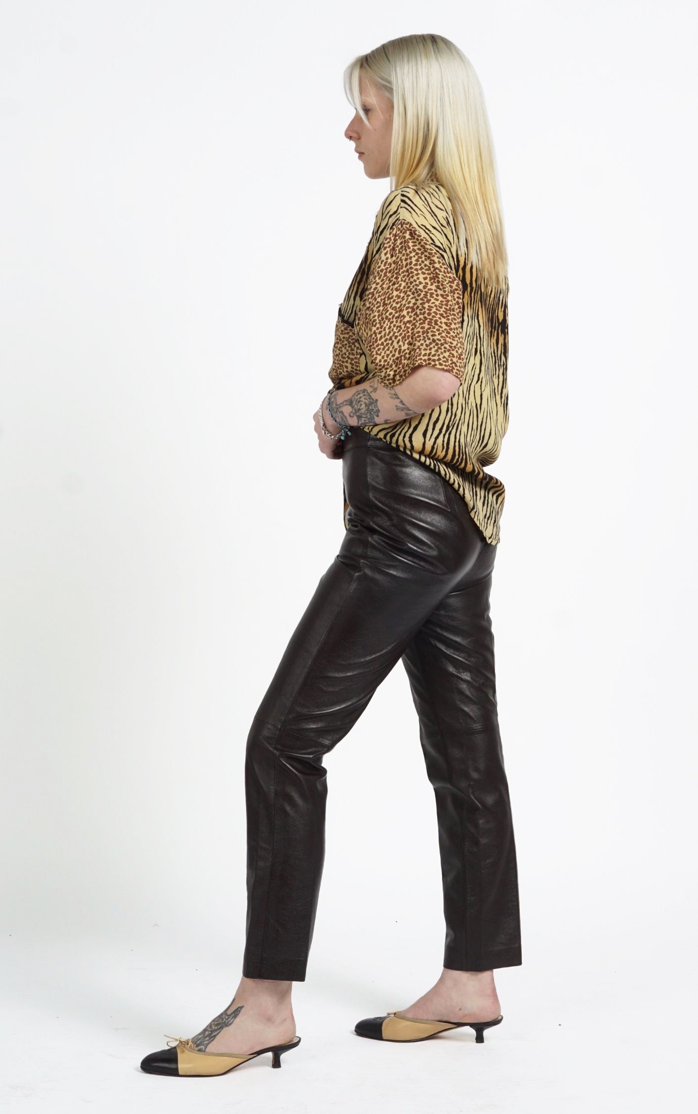 VINTAGE Dark Brown Real Leather Straight Leg Glam Rock Pants resellum